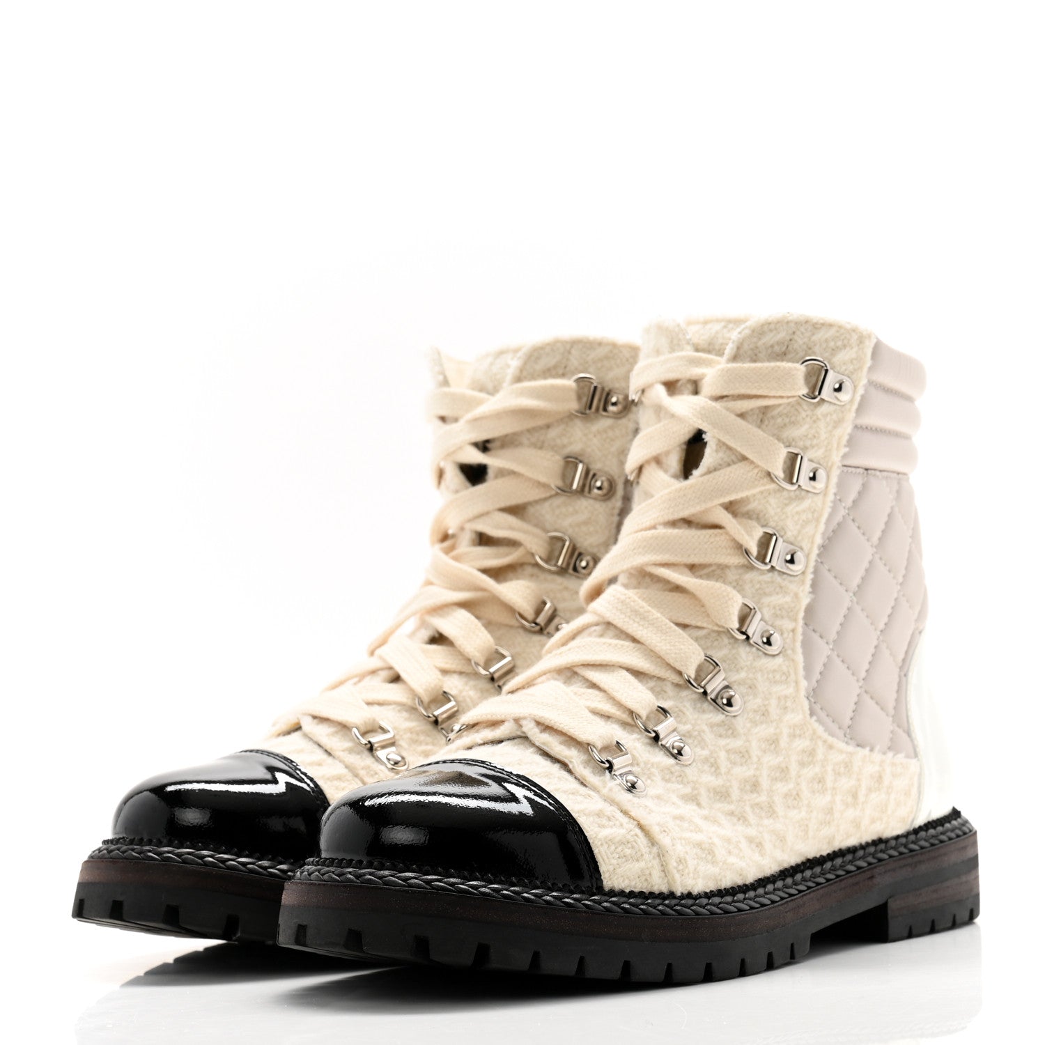 Chanel Tweed Patent Cap Toe Lace Up Short Boots 39.5 White 3 of 12