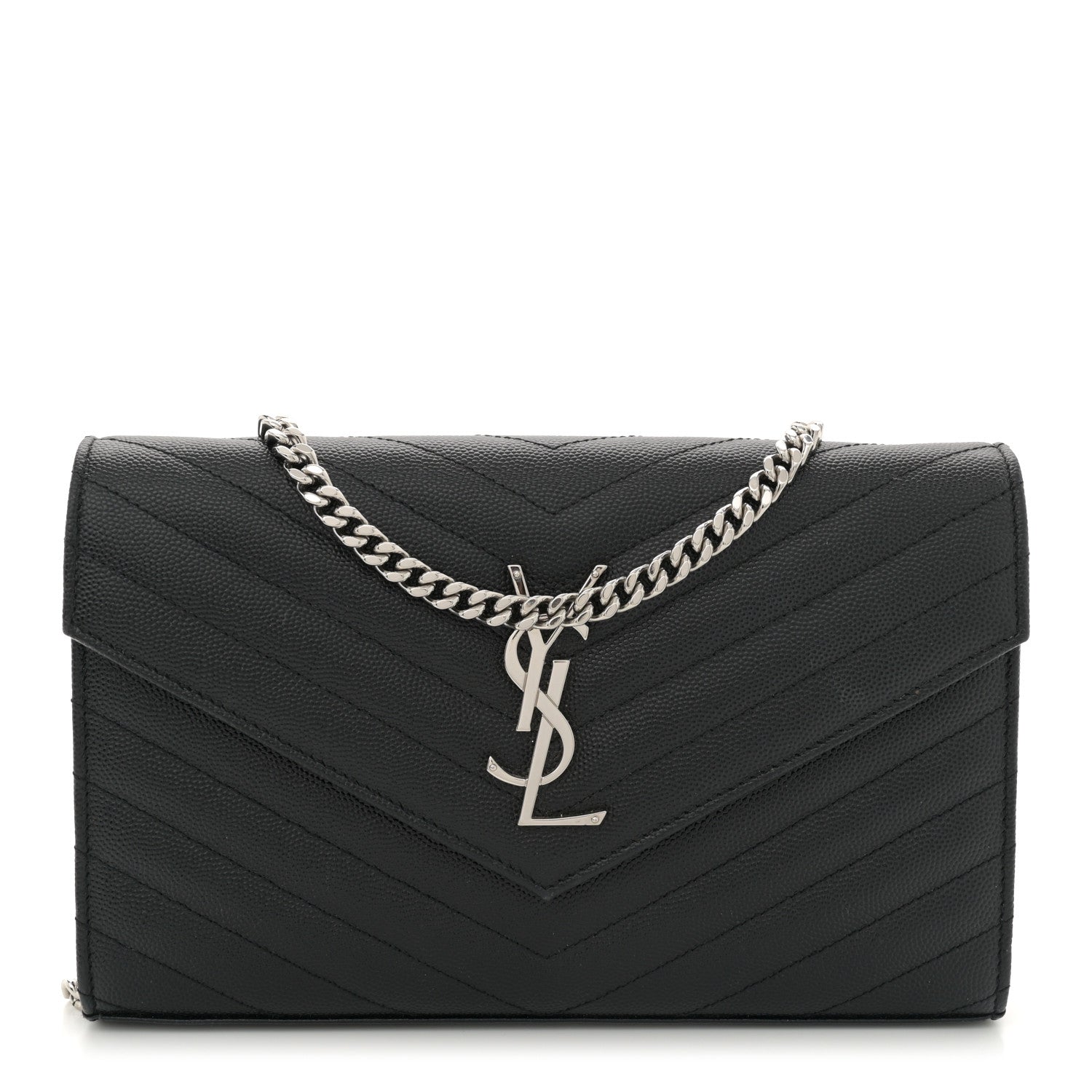 Saint Laurent Grain De Poudre Matelasse Chevron Monogram Chain Wallet Black 1 of 12