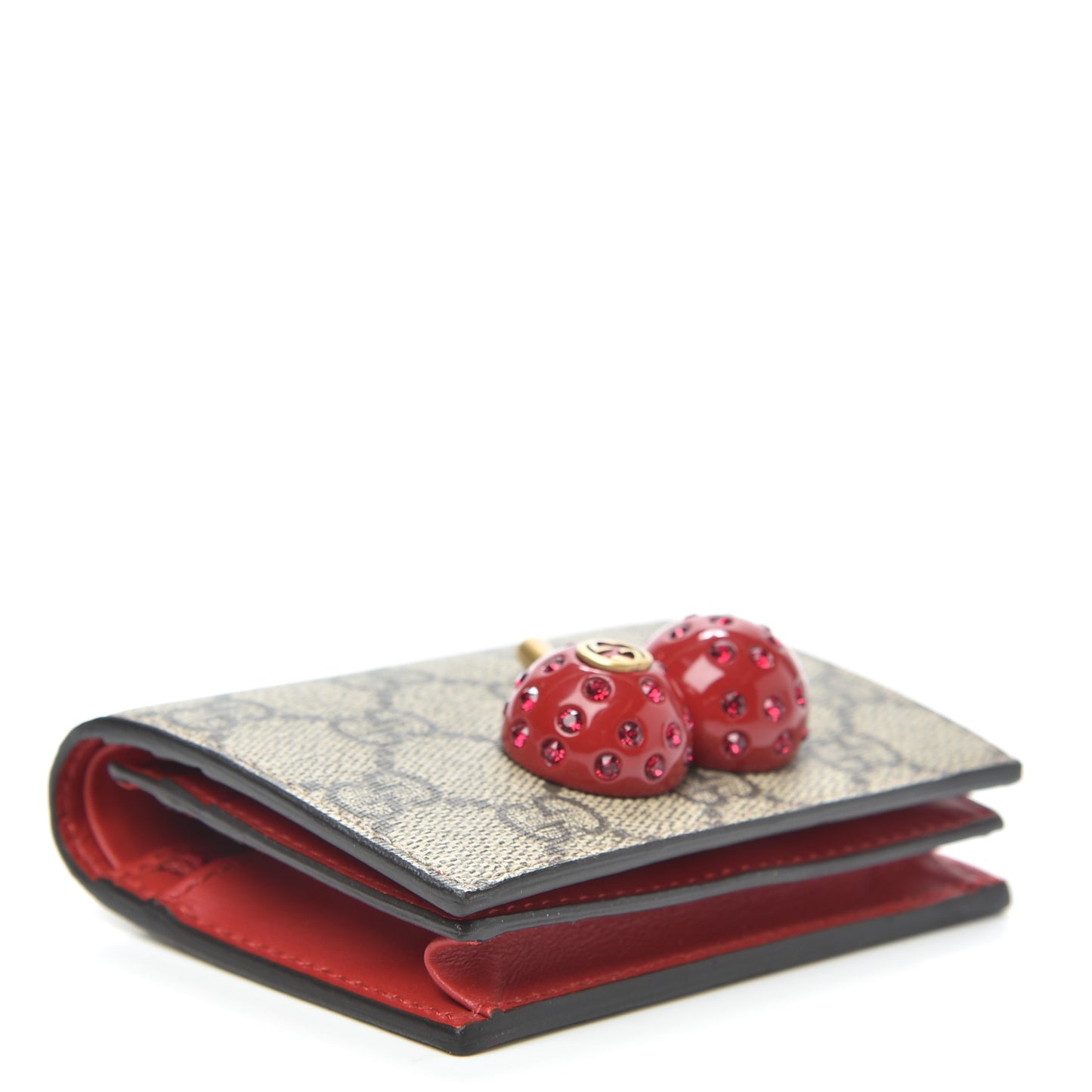 GG Supreme Monogram Cherry Embellished Card Case Wallet Hibiscus Red