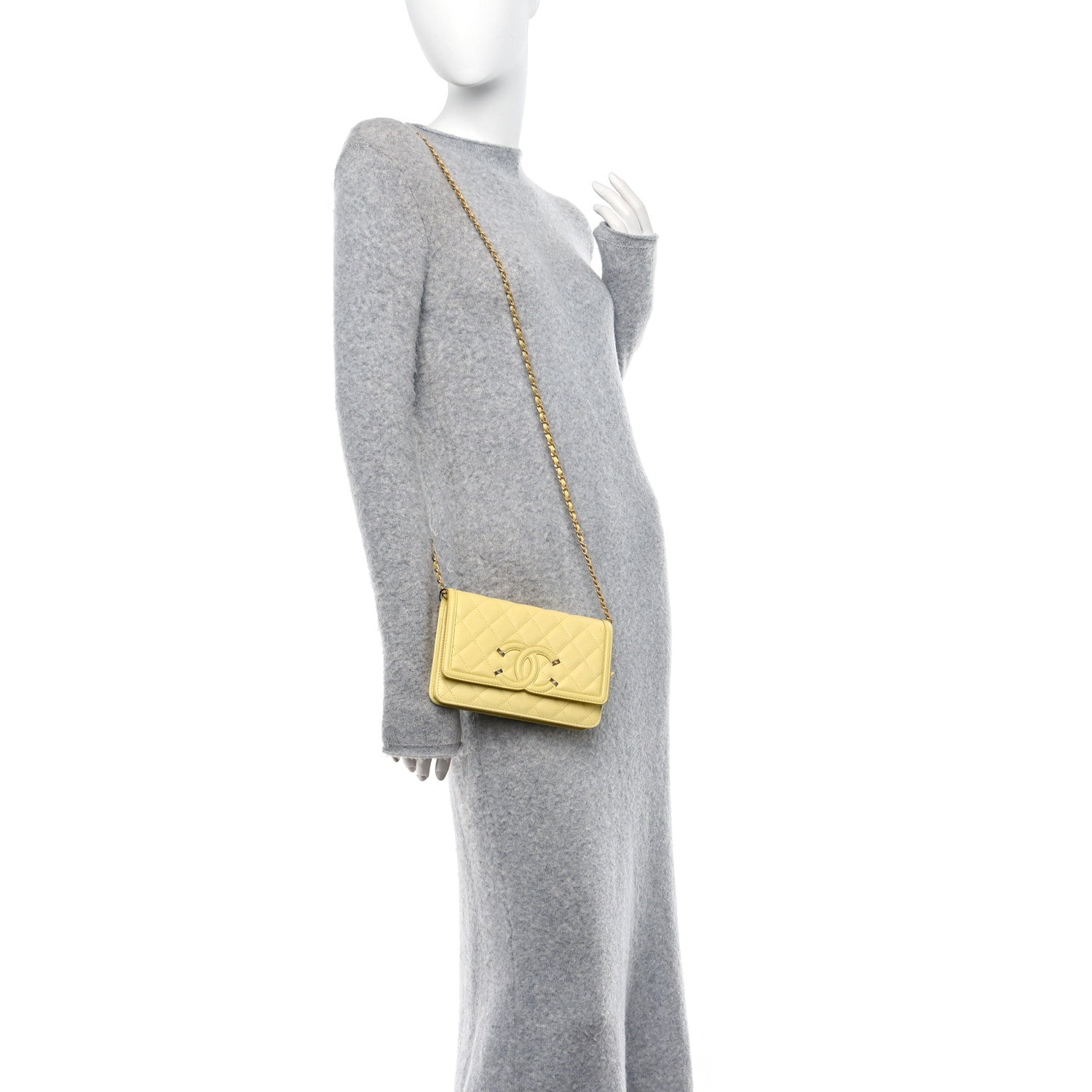 Chanel Caviar Quilted CC Filigree Wallet On Chain WOC Yellow 2 of 14