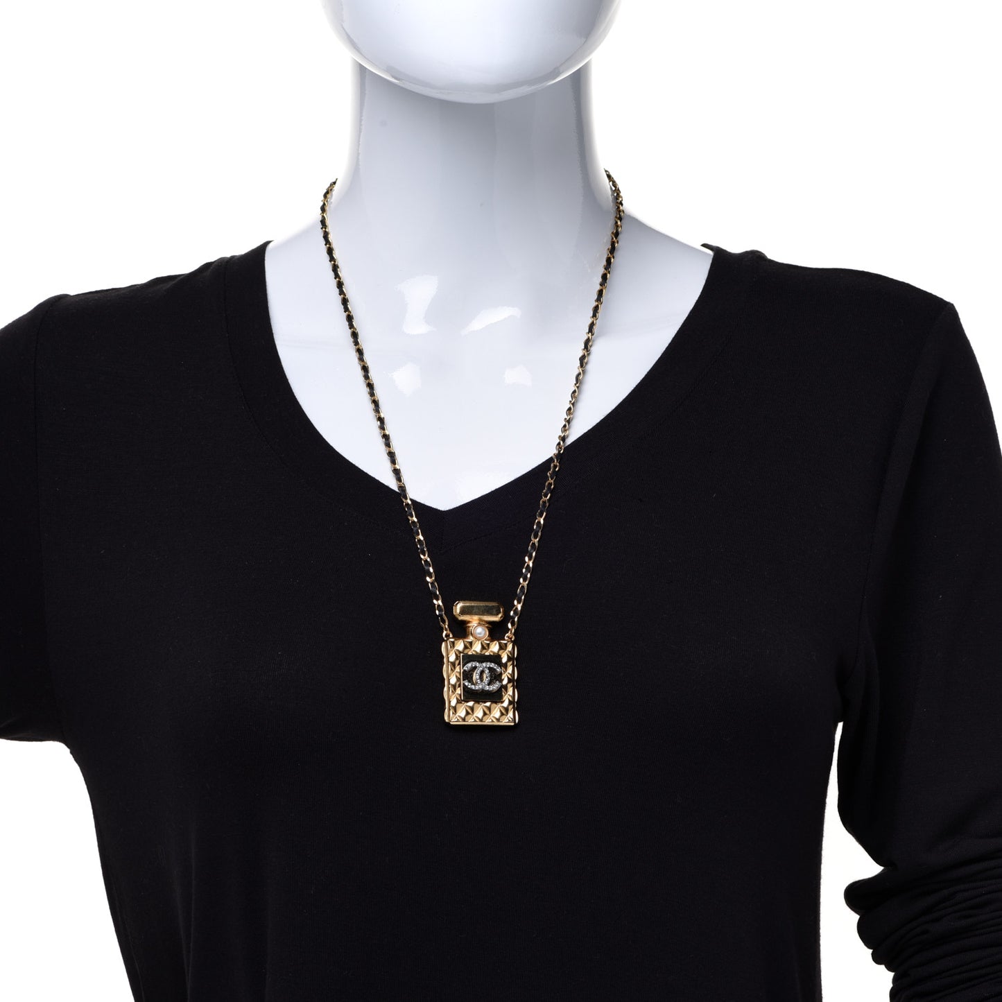 Crystal Pearl Perfume Bottle CC Necklace Black Gold