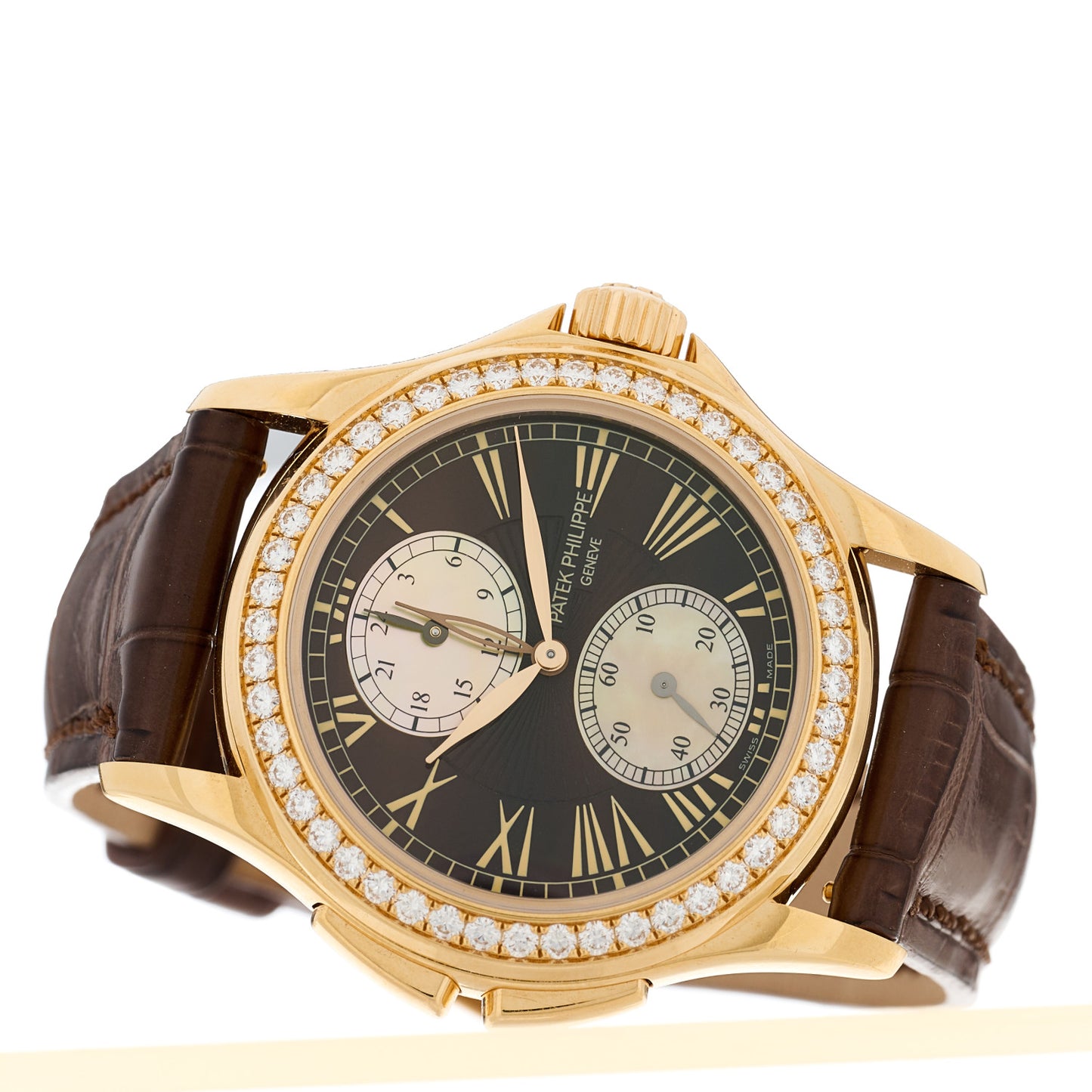 18K Rose Gold Alligator Diamond Bezel Mother of Pearl 35mm Calatrava Manual Winding Watch Brown 4934R