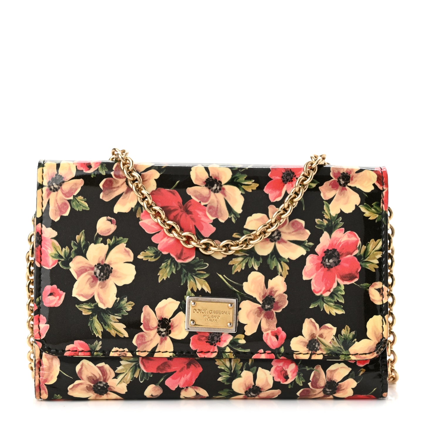 Patent Floral Print Wallet On Chain Black Multicolor