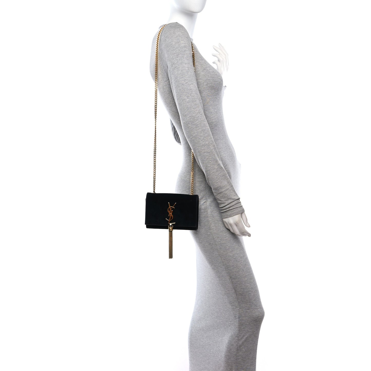Suede Small Classic Monogram Kate Tassel Satchel Black