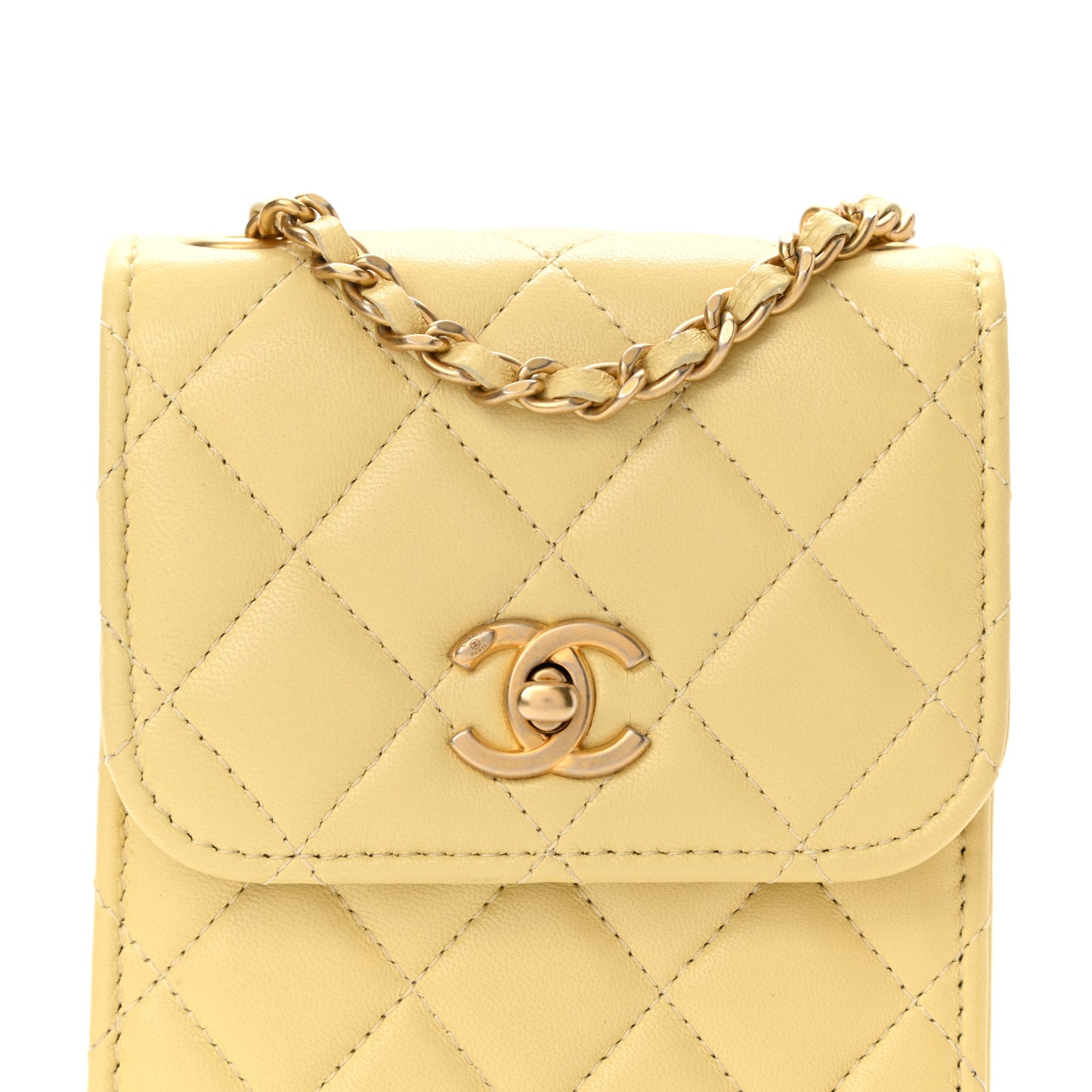 Lambskin Quilted Pearl Crush Phone Holder With Chain Yellow