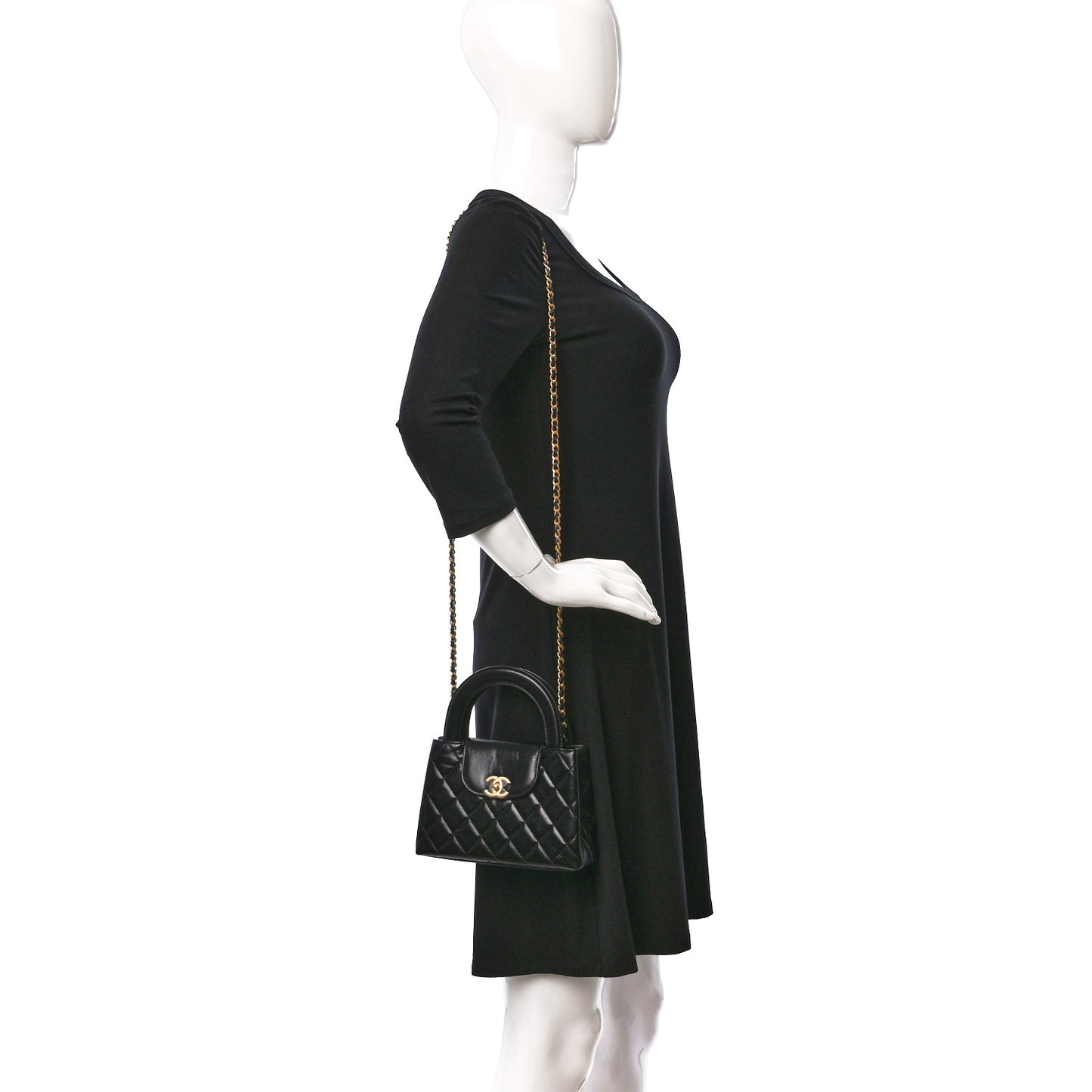 Shiny Aged Calfskin Quilted Nano Kelly Shopper Black