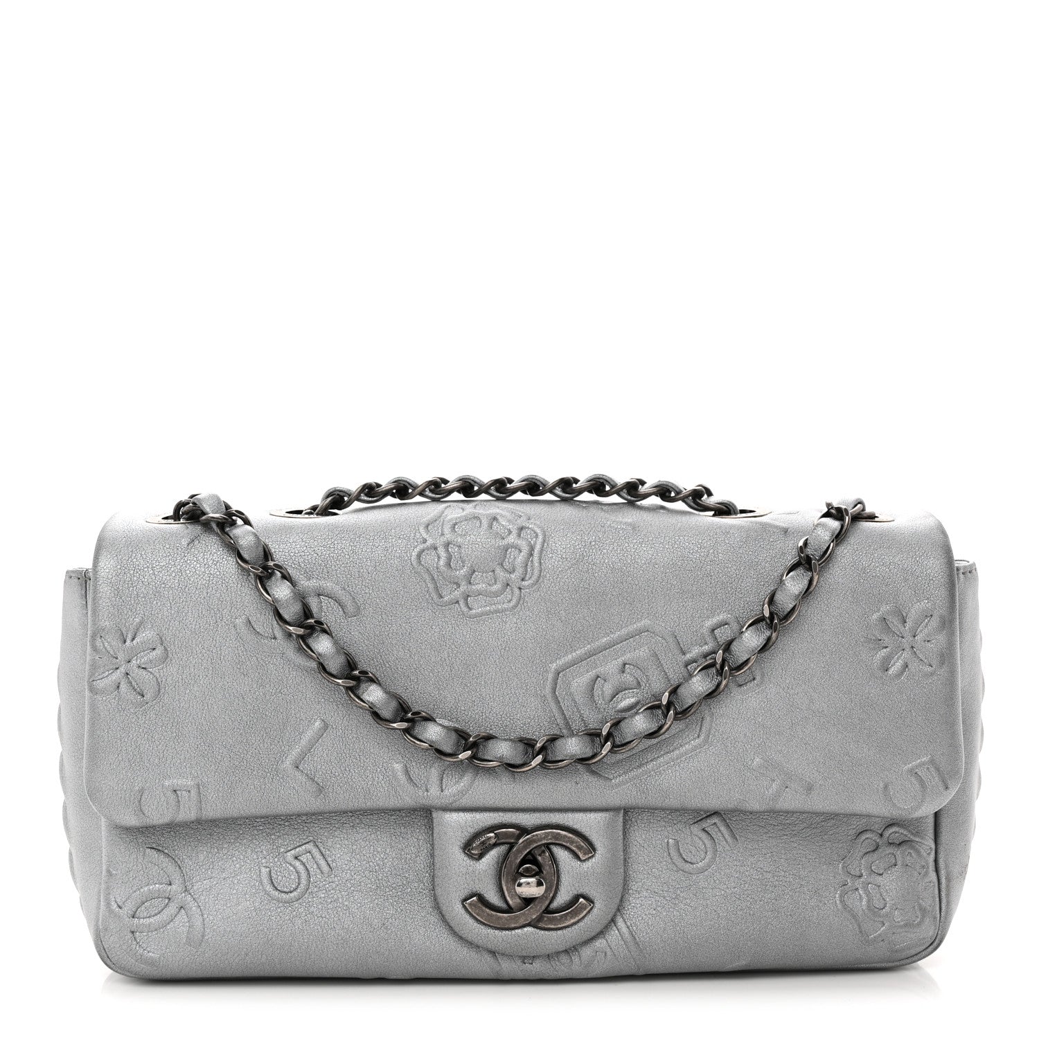 CHANEL 眞會 Chanel Metallic Lambskin Symbols Medium Single Flap Silver 1912051
