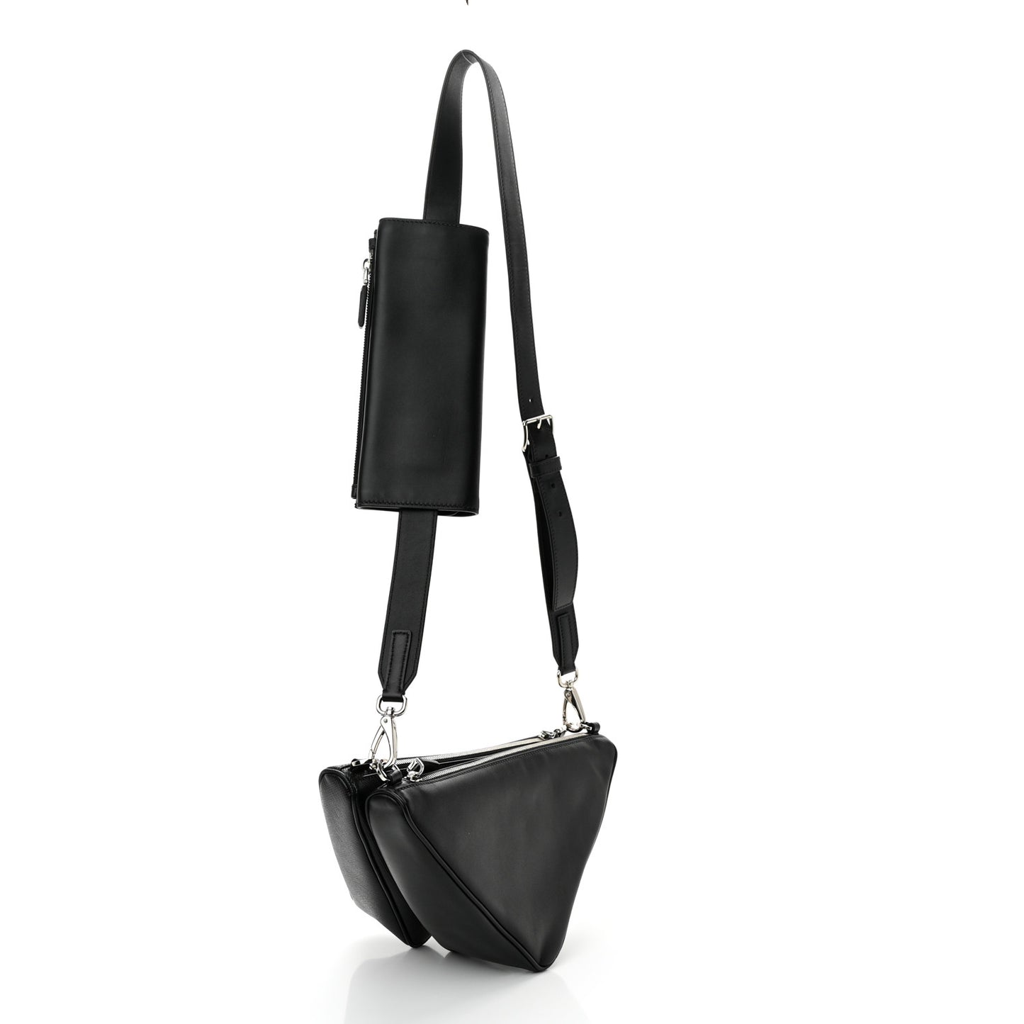 Vitello Saffiano Cuir Double Triangle Shoulder Bag Black