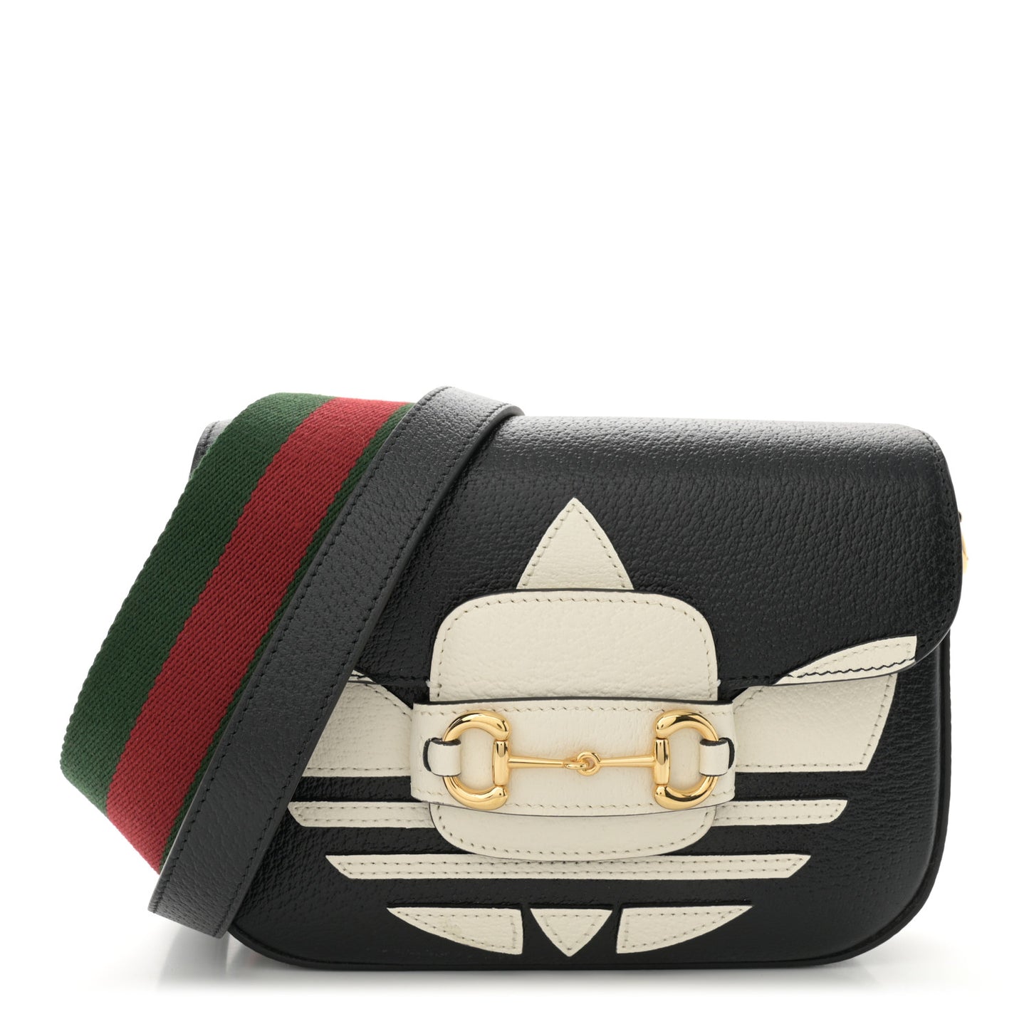 X ADIDAS Textured Dollar Calfskin Web Trefoil Mini Horsebit 1955 Shoulder Bag Black Off White