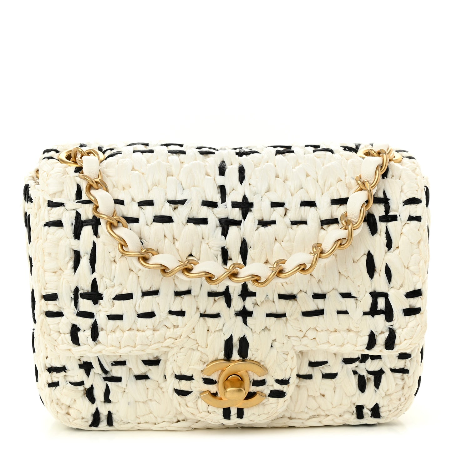 Raffia Effect Tweedy Mini Flap Bag White Black