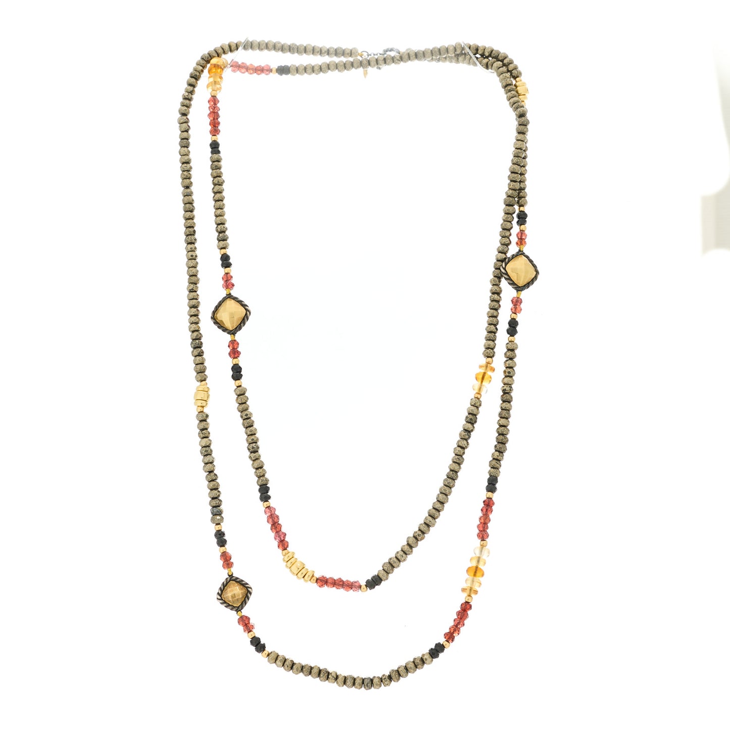 Sterling Silver 18K Yellow Gold Black Onyx Citrine Garnet Bead Toggle Necklace