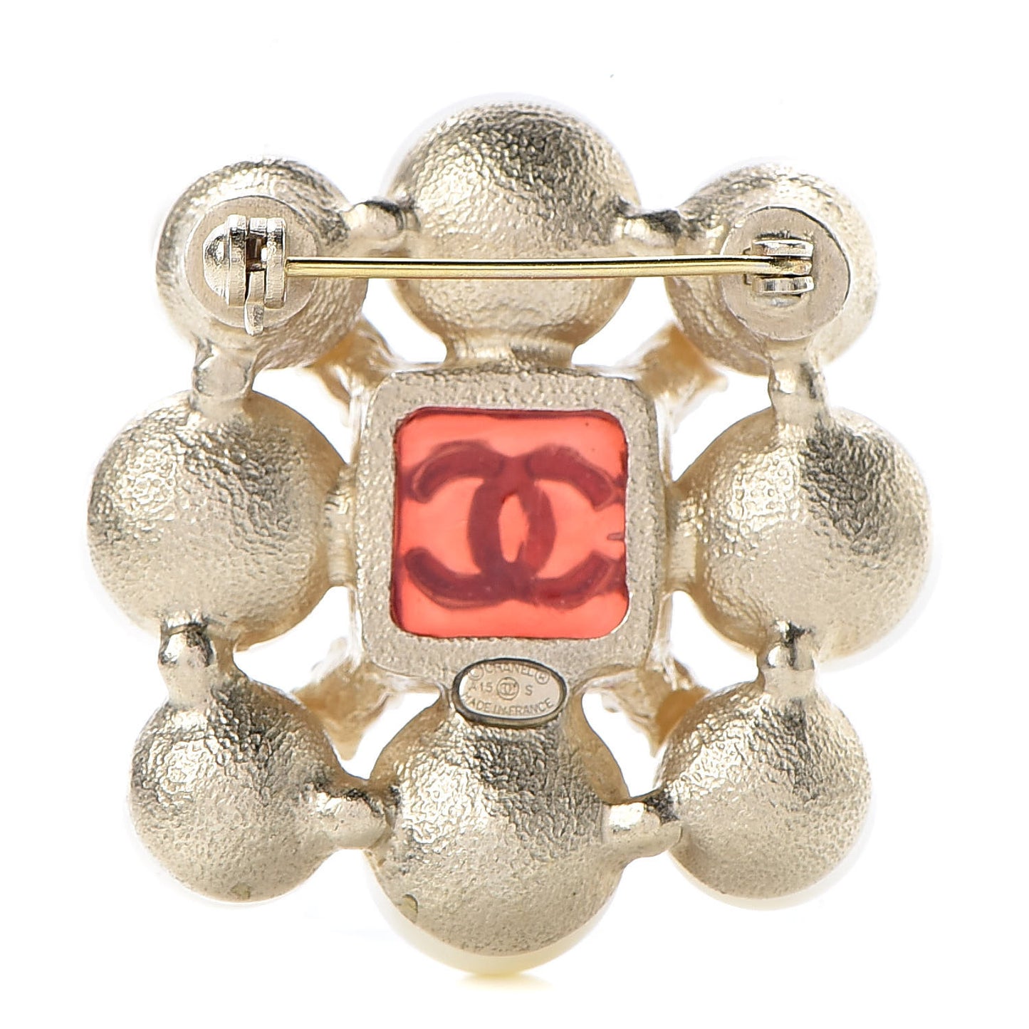 Pearl Resin Crystal CC Brooch Gold