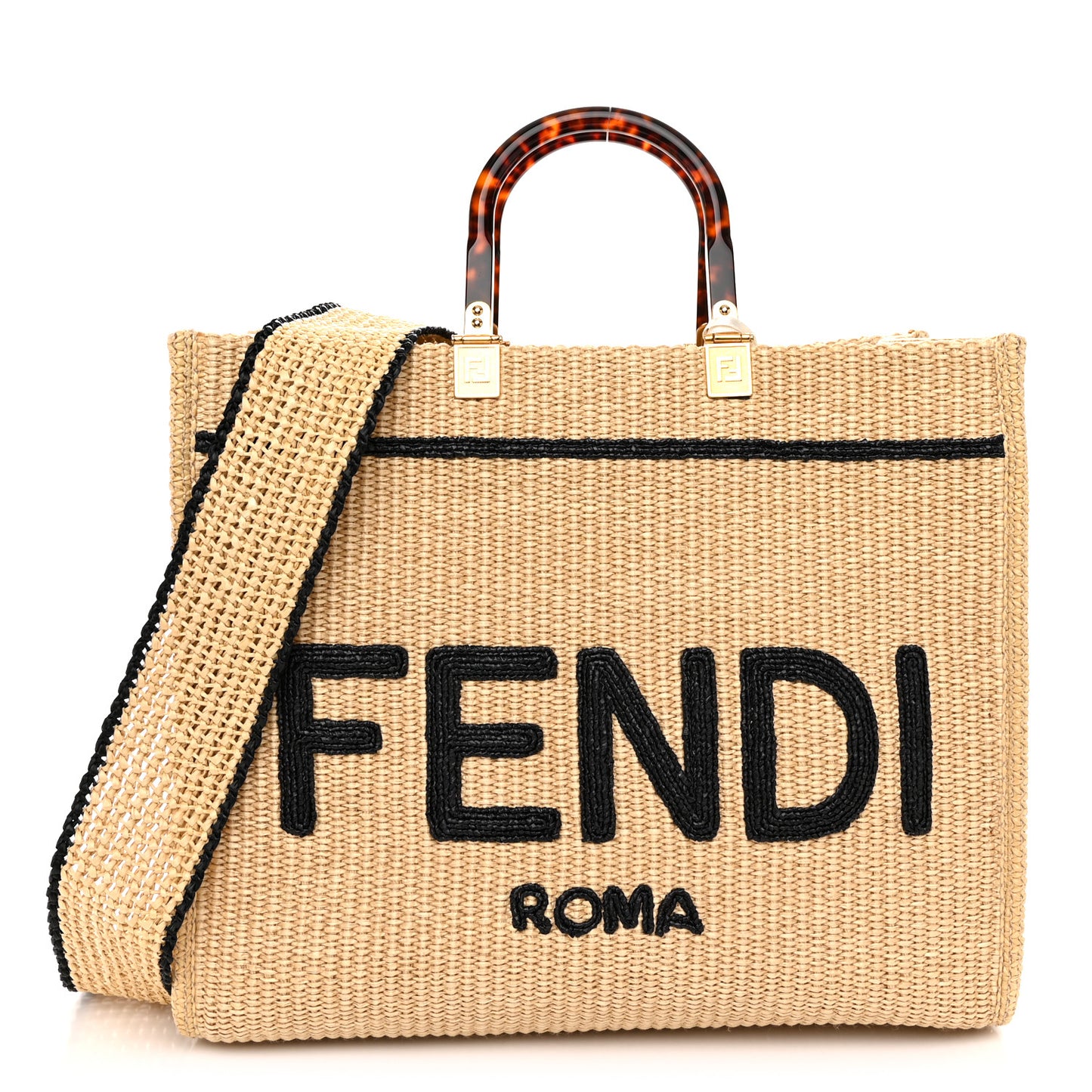 Straw Vitello King Plexiglass Woven Medium Fendi Sunshine Shopper Tote Natural Black