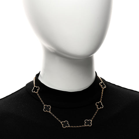 18K Yellow Gold Black Onyx 10 Motifs Vintage Alhambra Necklace