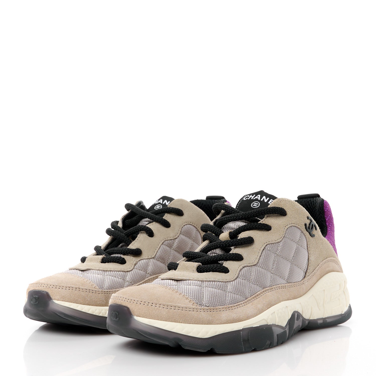 Chanel Mesh Suede Calfskin CC Sneakers 40 Light Beige Purple Beige 3 of 10