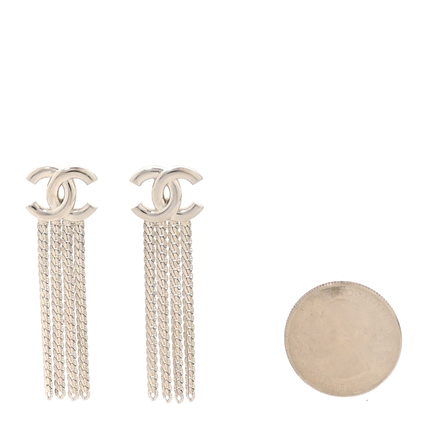 Metal Chain CC Drop Earrings Silver