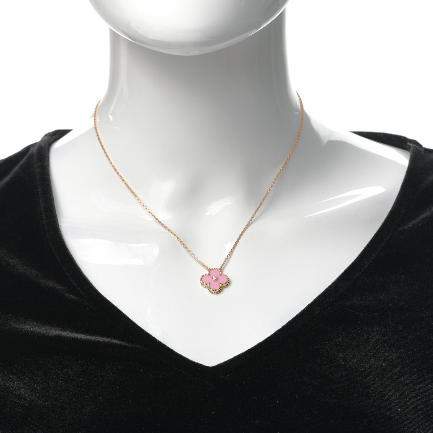 18K Rose Gold Diamond Pink Porcelain Vintage Alhambra Pendant Necklace