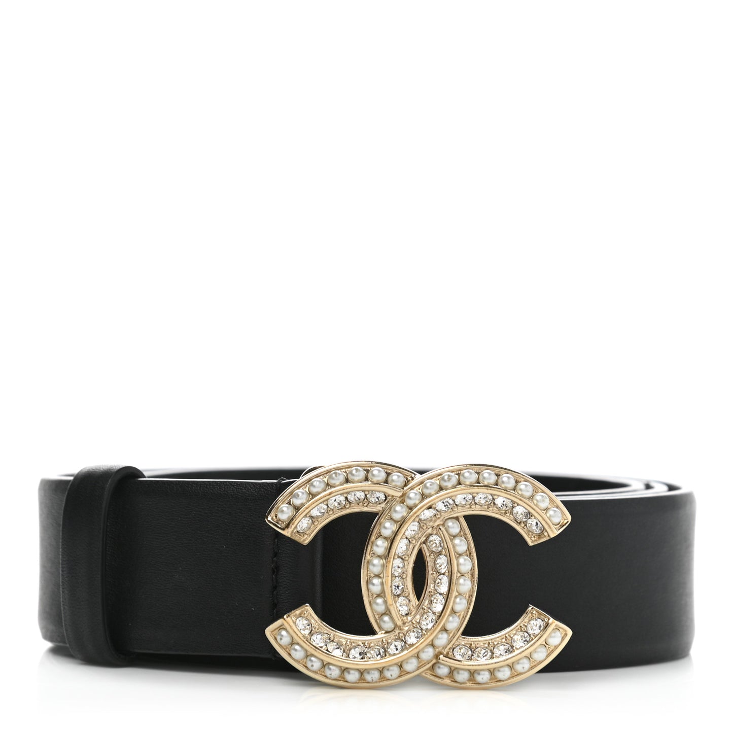 Calfskin Pearl Crystal CC Belt 85 34 Black
