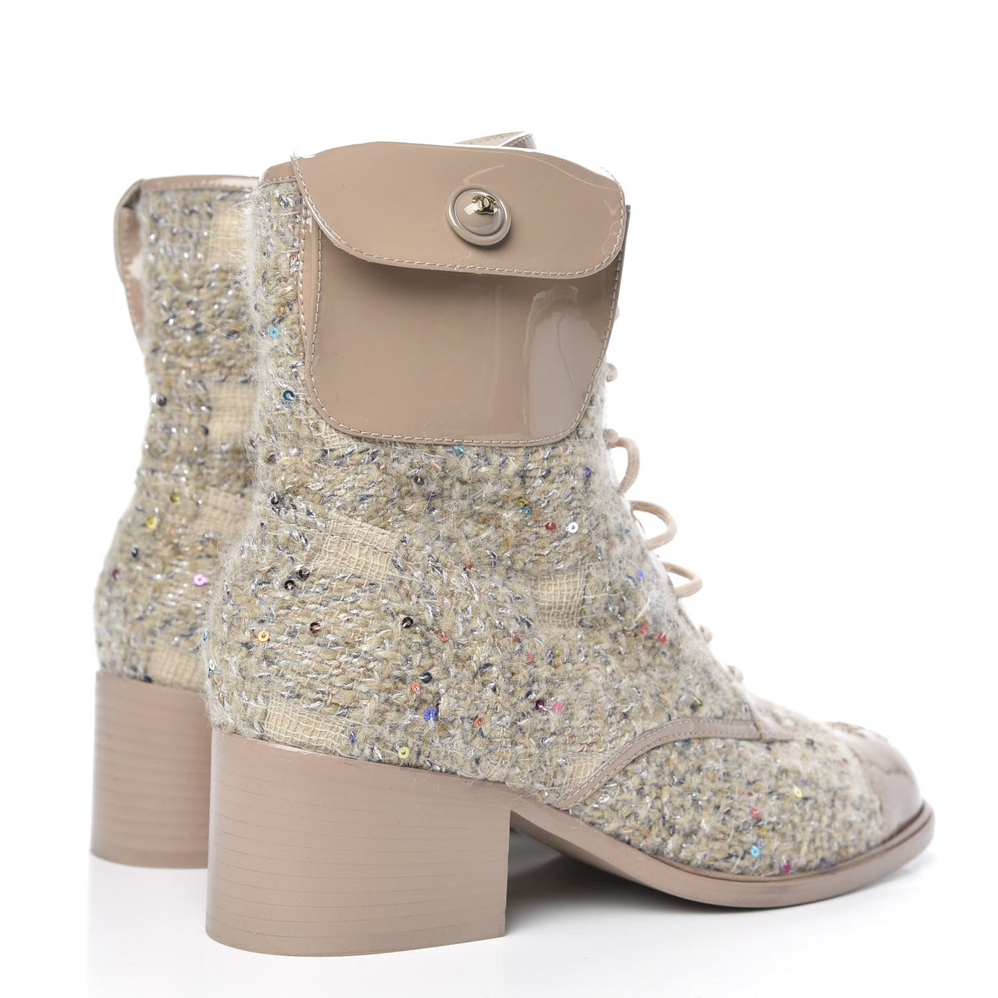 Tweed Patent Calfskin Lace Up Short Boots 39 Beige Multicolor