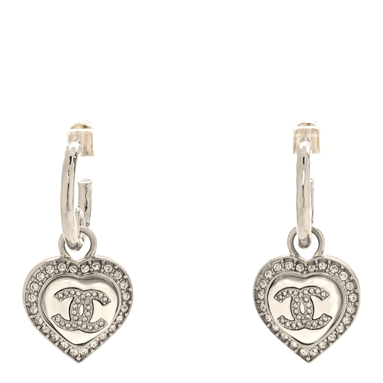 Chanel Pearl Crystal CC Heart Drop Earrings Silver 1 of 5