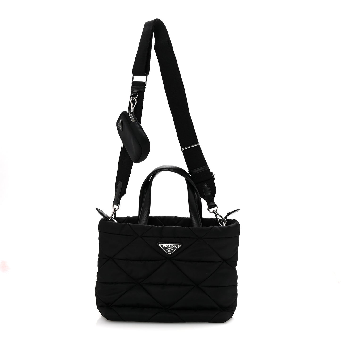 Re-Nylon Nappa Triangle Quilted Padded Double Handled Zip Pocket Tote Black