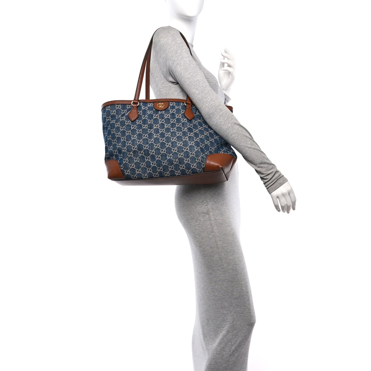 New Denim GG Monogram Medium Ophidia Shopping Tote Blue Tea Cuir