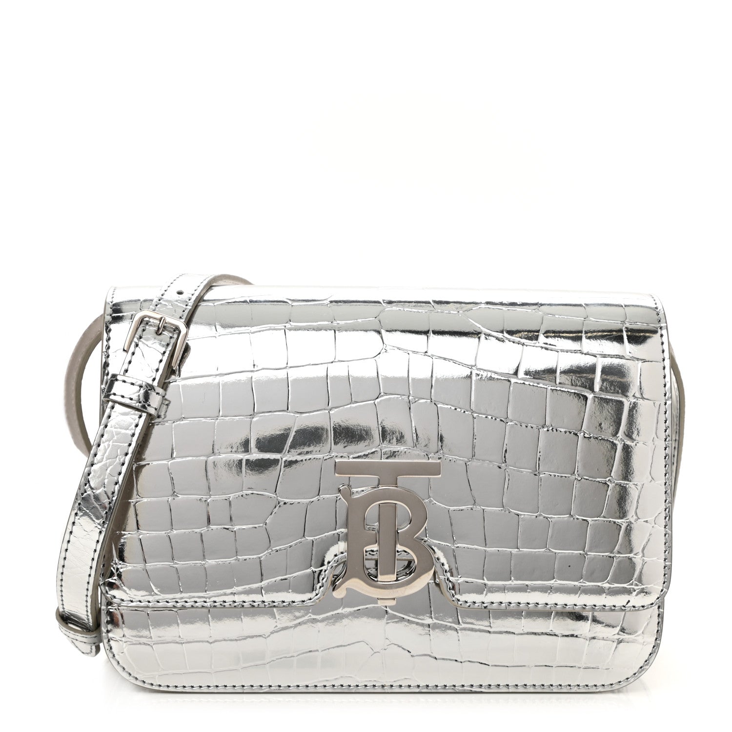 Burberry Metallic Patent Crocodile Embossed Small TB Shoulder Bag