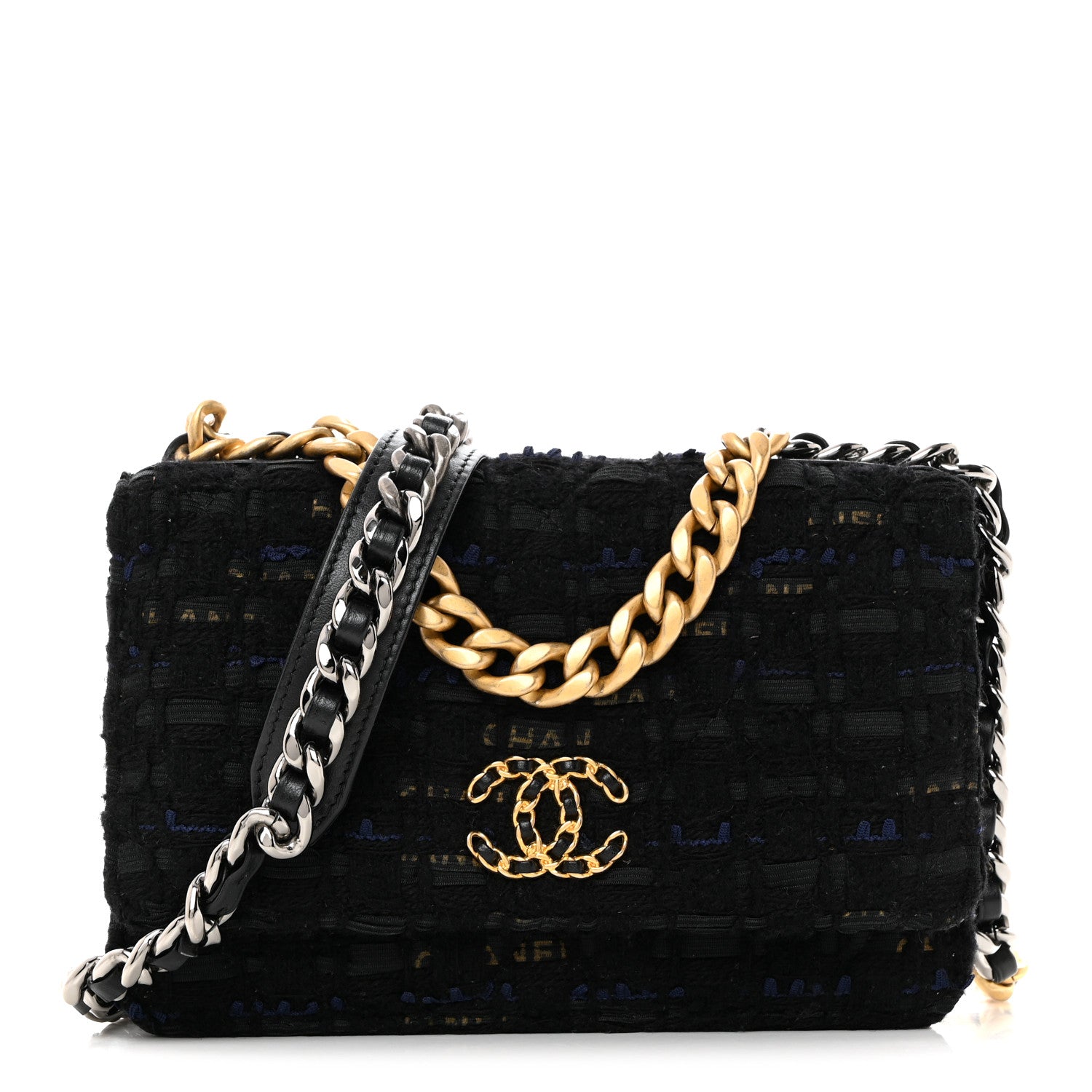 ショルダーバッグ CHANE Chanel Tweed Quilted Chanel 19 Wallet On Chain WOC Black Navy Gold