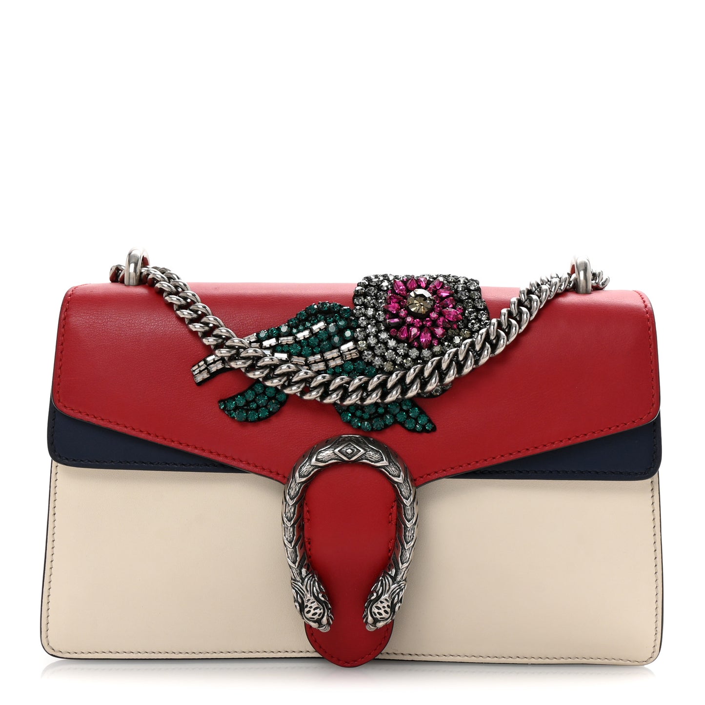 Azalea Calfskin Tri-Color Crystal Embellished Small Dionysus Shoulder Bag Mystic White Hibiscus Red Navy