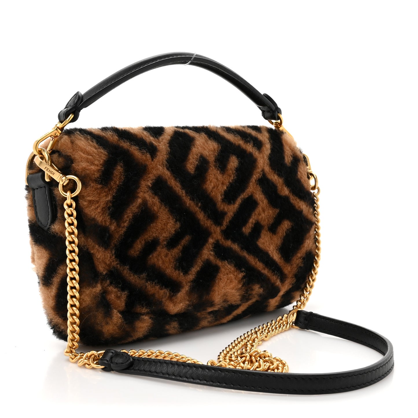 Shearling Vitello Dolce Macro FF 1974 Mini Baguette Tobacco Black