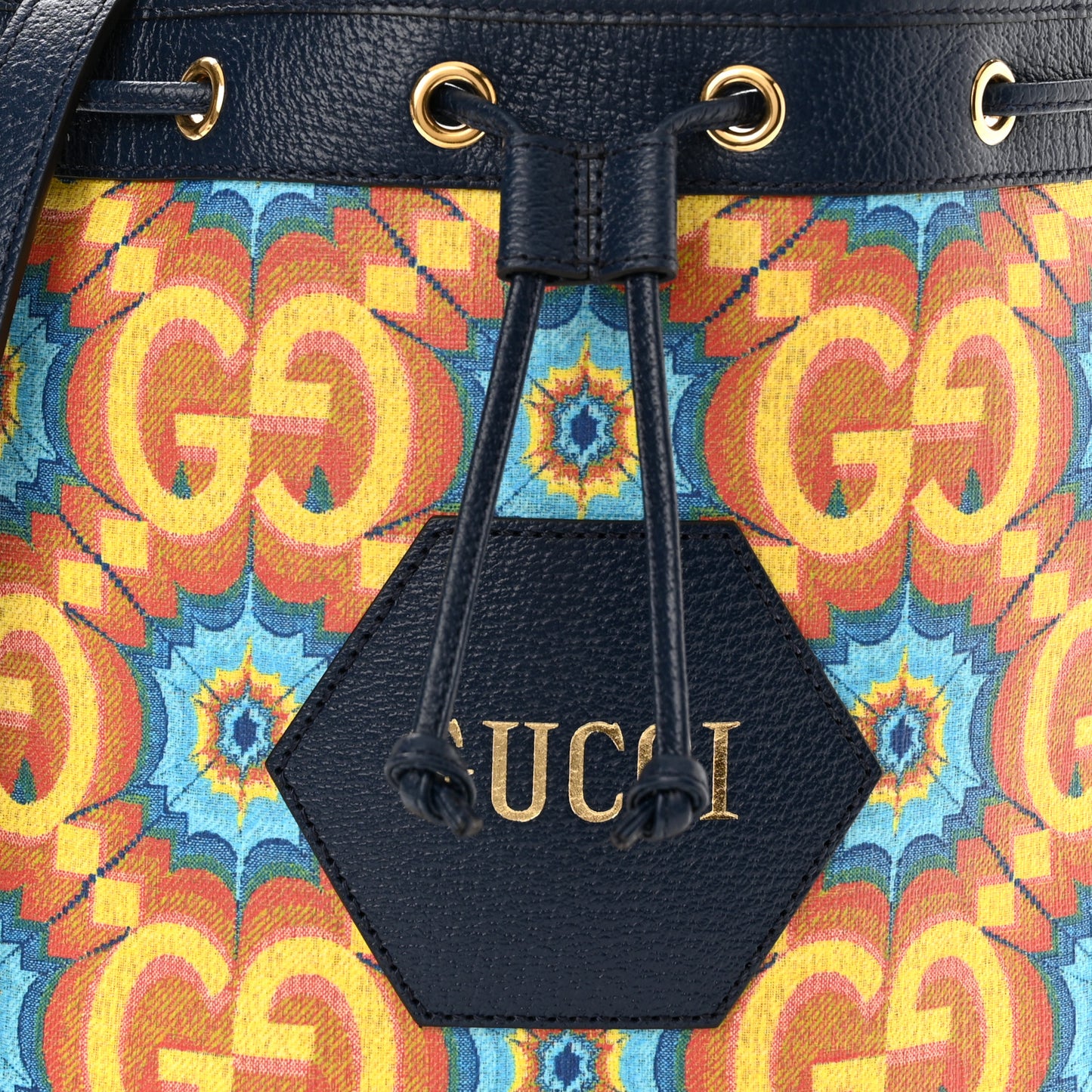 GG Supreme Kaleidoscope Calfskin Script Logo Gucci 100 Bucket Drawstring Bag Blue Orange Multicolor Blue Agata