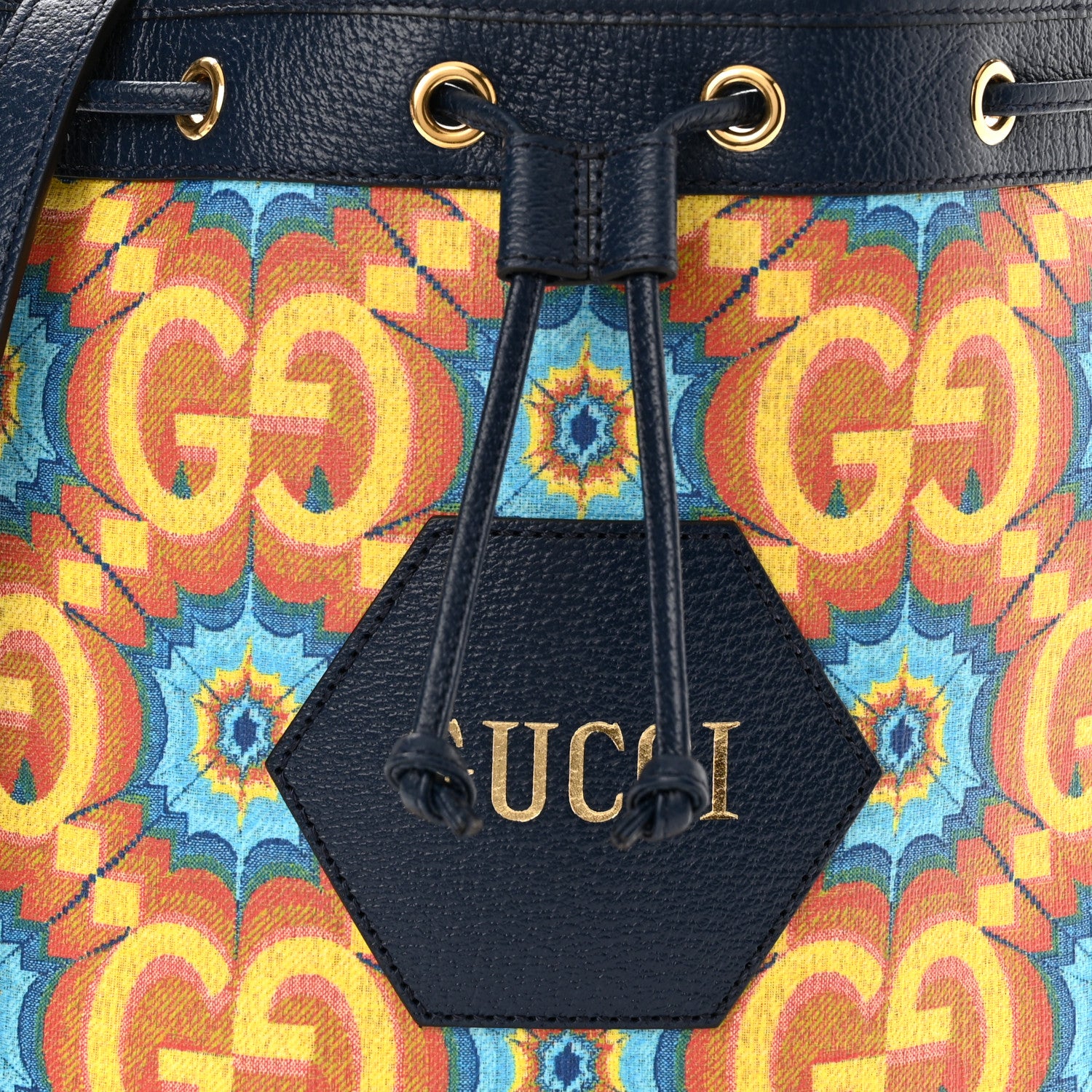 Gucci GG Supreme Kaleidoscope Calfskin Script Logo Gucci 100 Bucket Drawstring Bag Blue Orange Multicolor Blue Agata 9 of 11