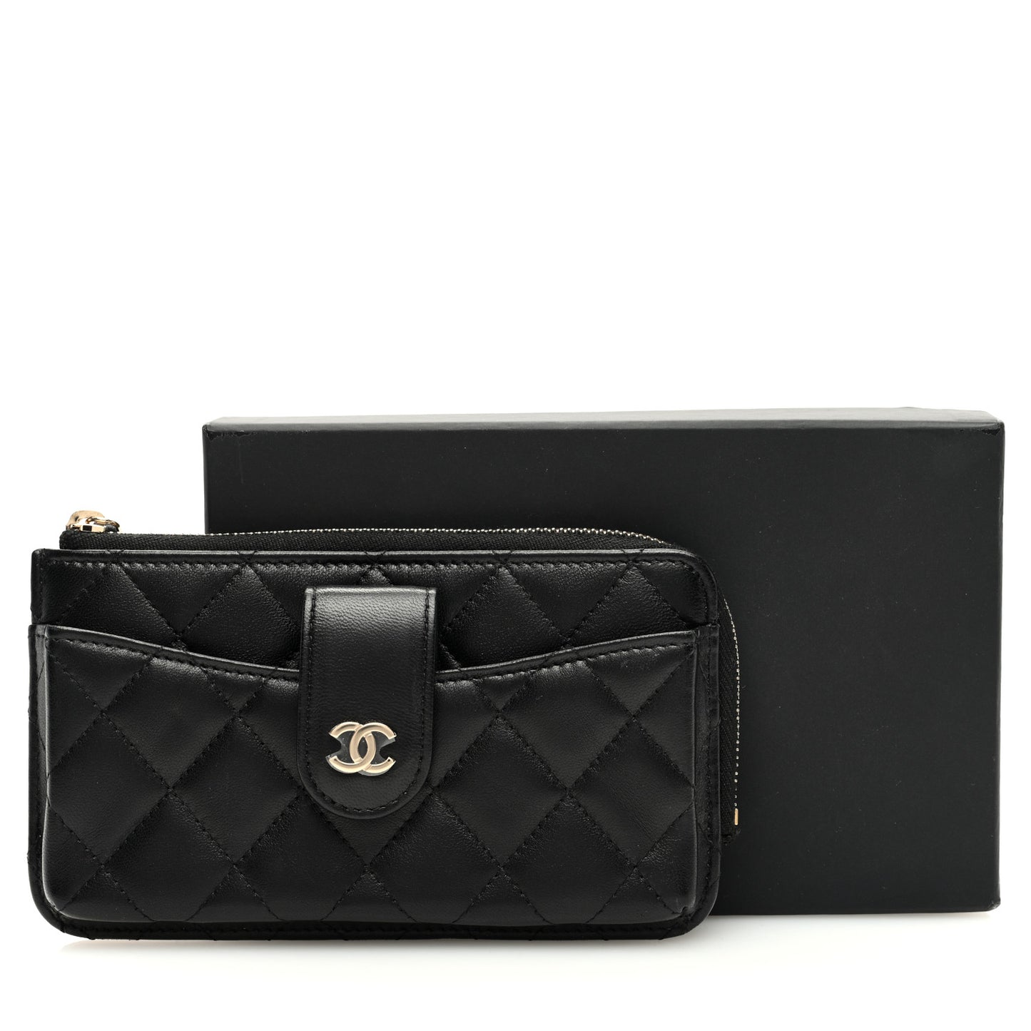 Lambskin Quilted Phone Holder Zip Clutch Black
