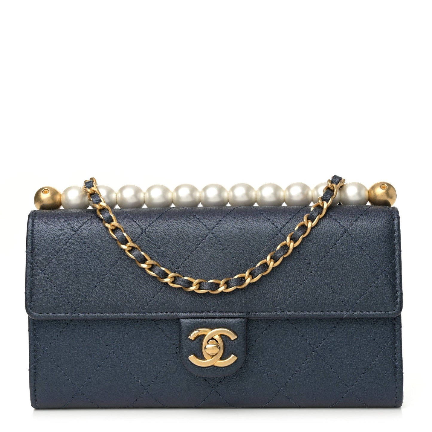 Goatskin Quilted Chic Pearls Clutch With Chain Navy