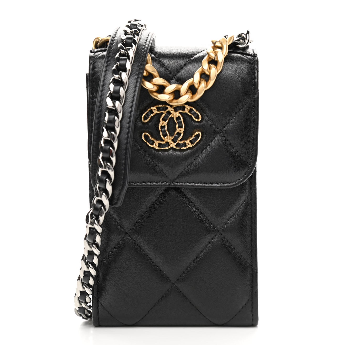 Lambskin Quilted Chanel 19 Phone Holder With Chain Black