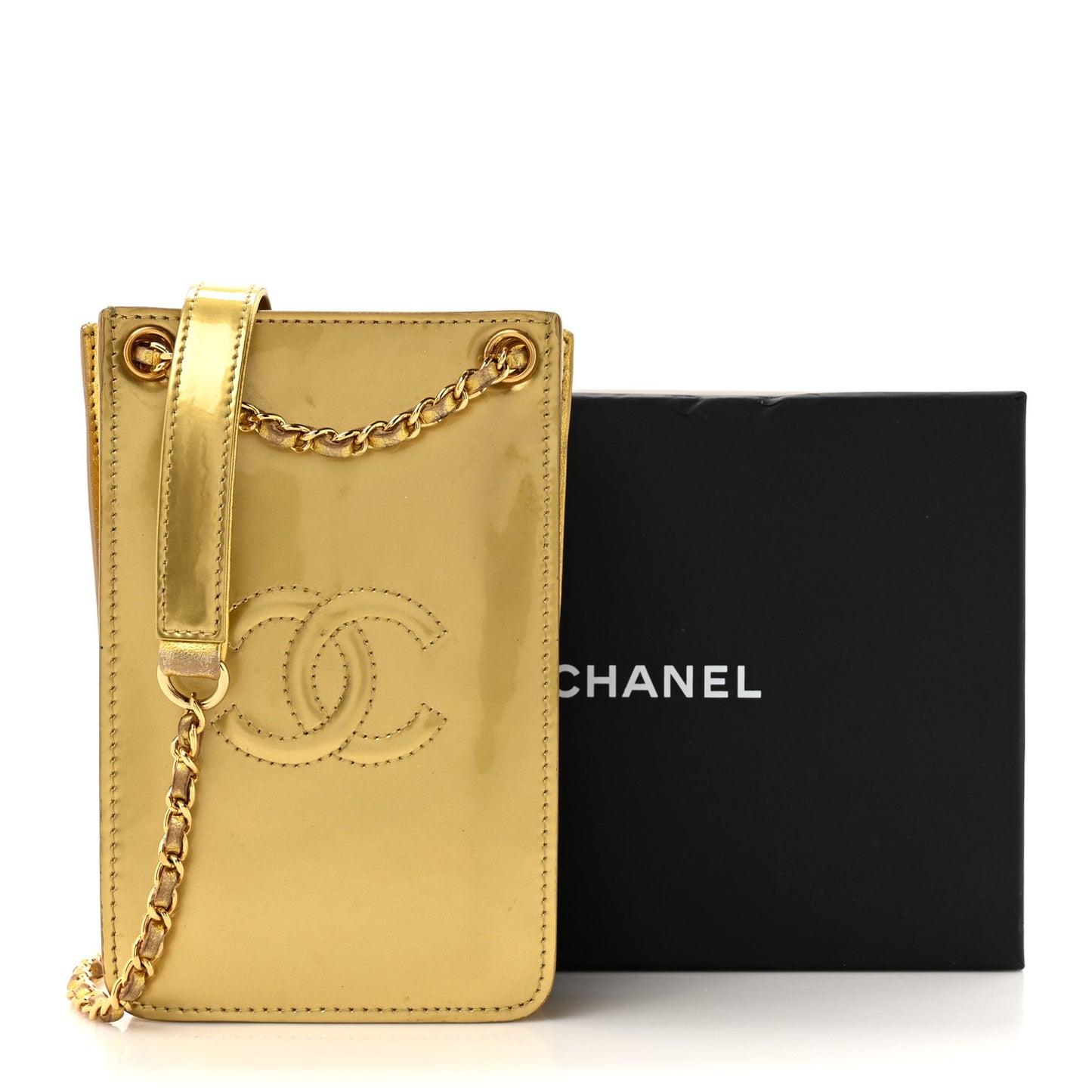 Patent Crossbody CC Phone Holder Gold