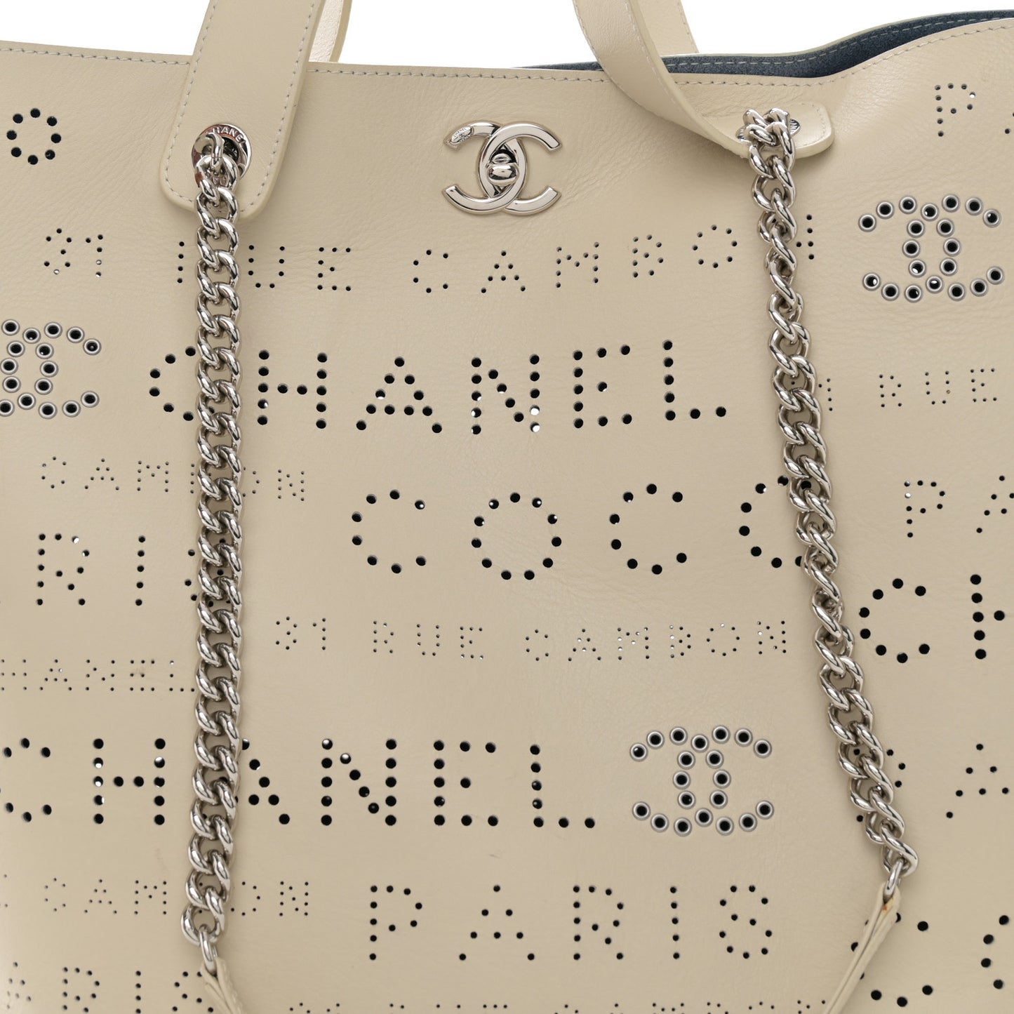Calfskin Tweed Small Logo Eyelets Shopping Tote Beige