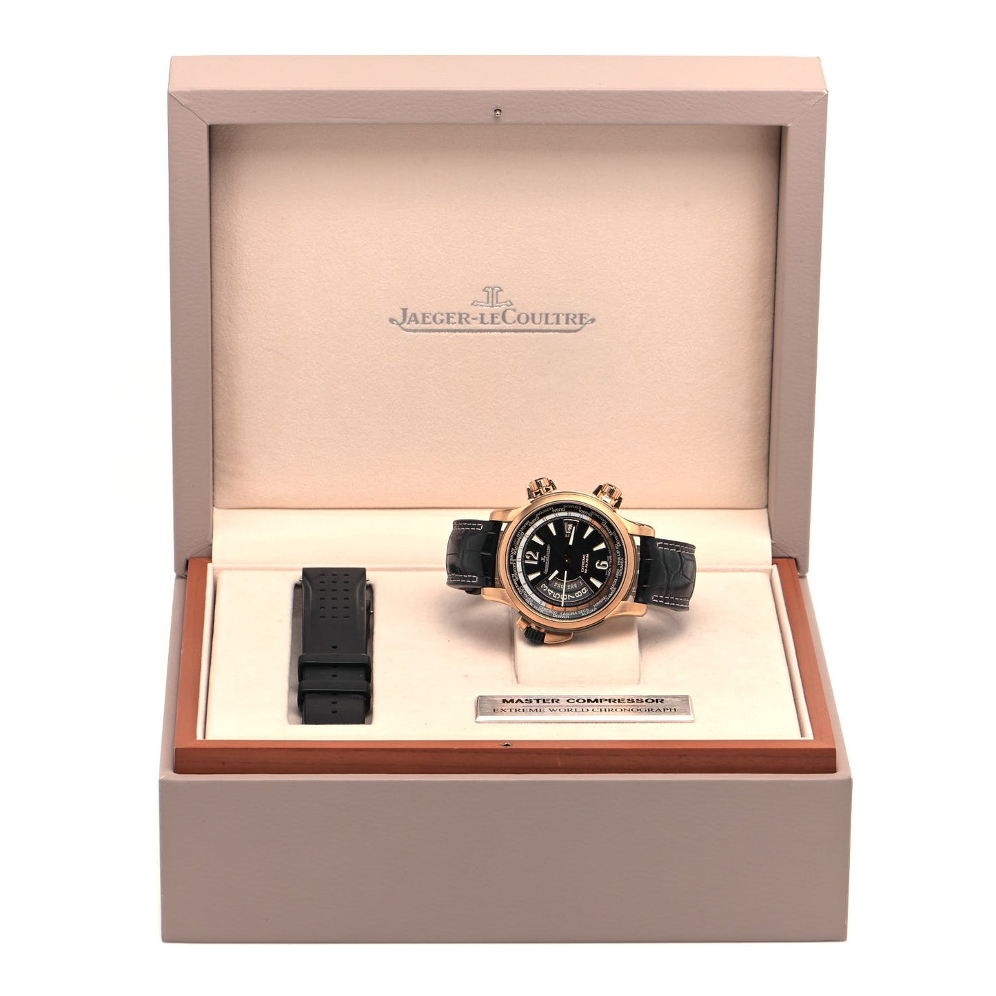 18K Rose Gold Alligator 46mm Master Compressor Extreme W-Alarm Automatic Watch Black Q177244V
