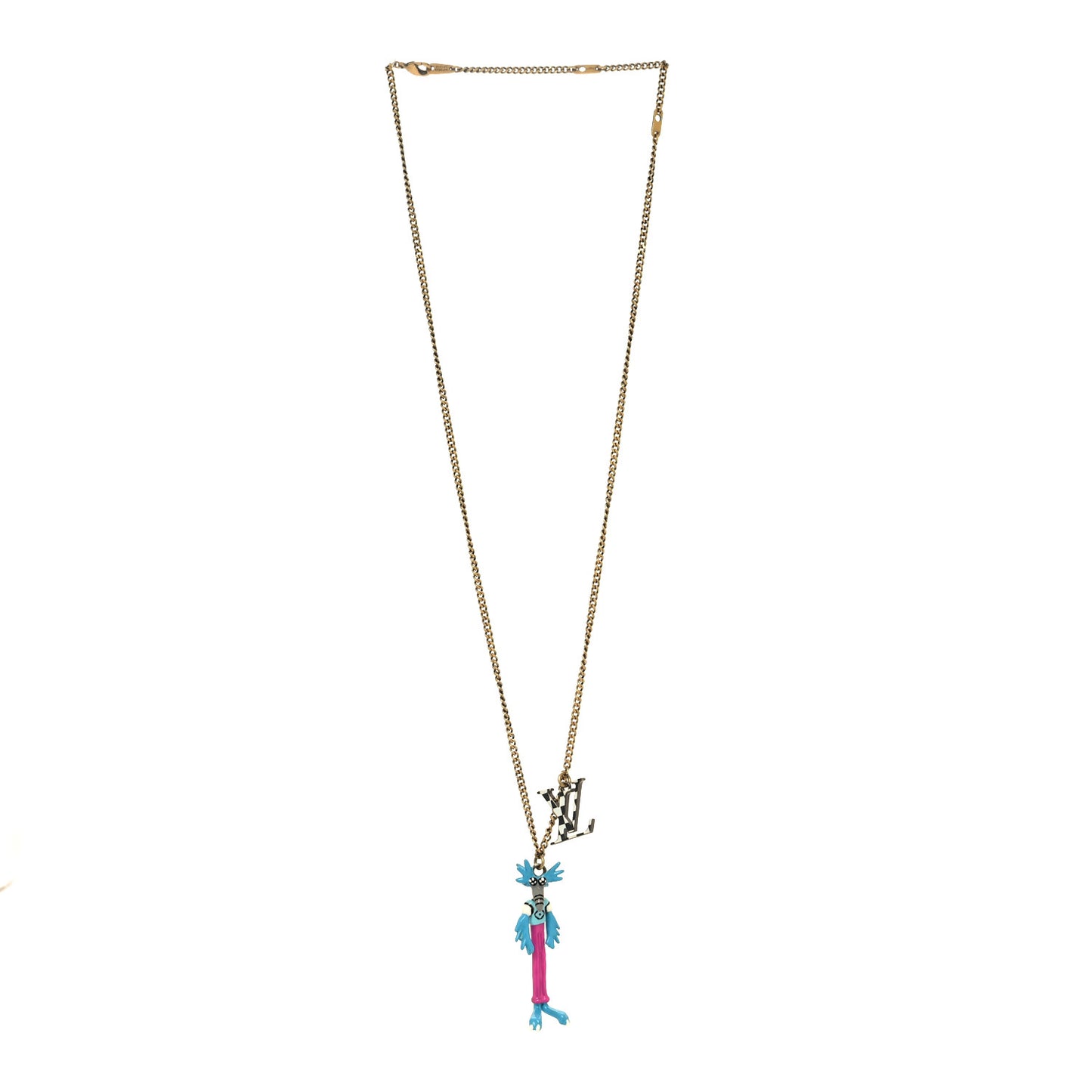 Lacquered Metal LV Friends Pendant Necklace Aged Gold Blue Pink