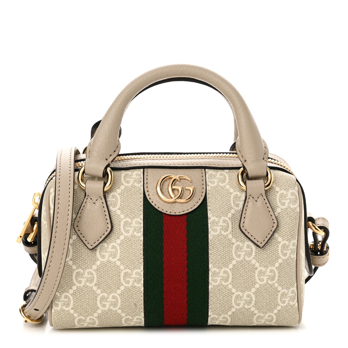 GG Supreme Monogram Textured Dollar Calfskin Web Super Mini Ophidia Top Handle Bowler Bag Beige Mystic White Oatmeal