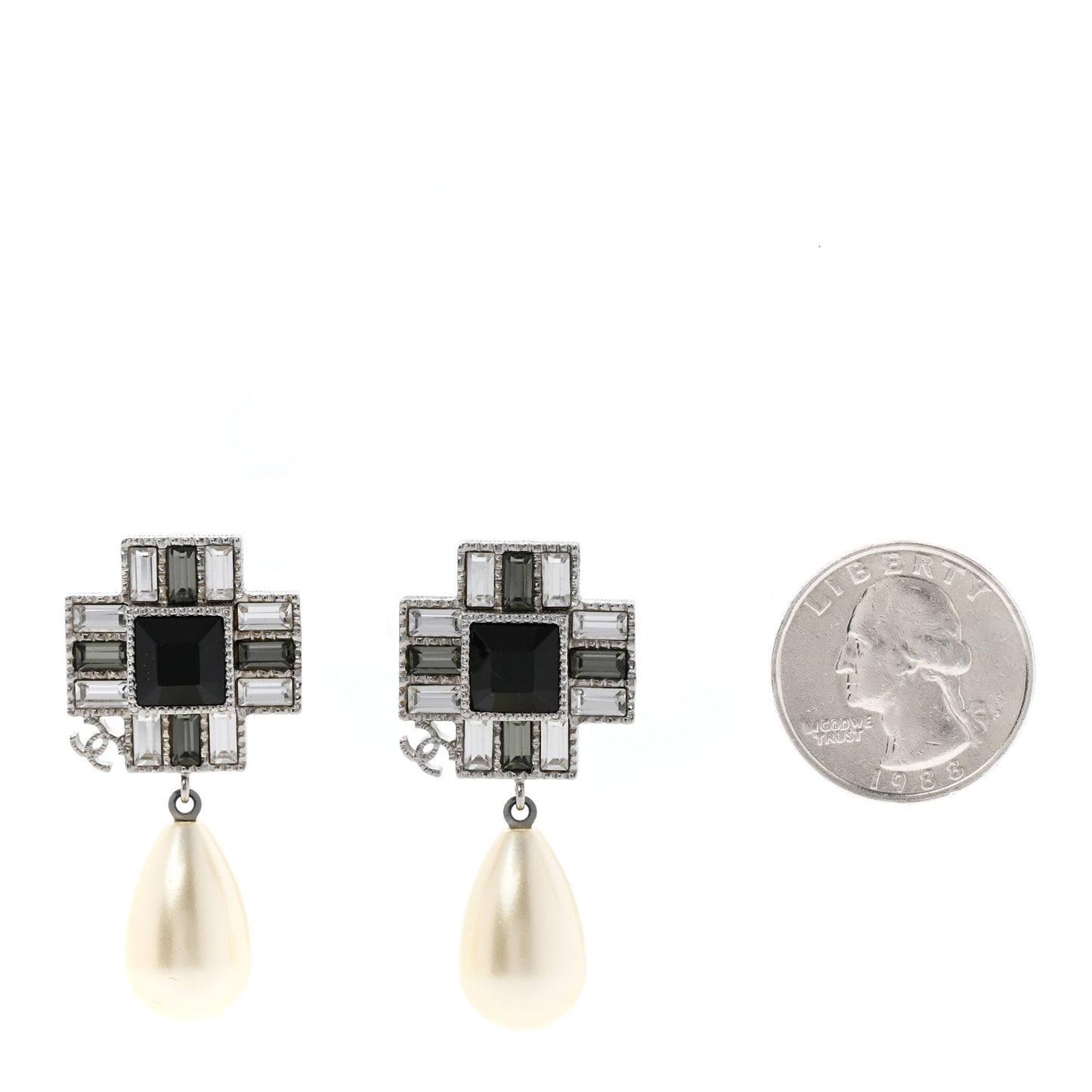 Crystal Baguette Pearl Cross Drop Earrings Grey Black Silver