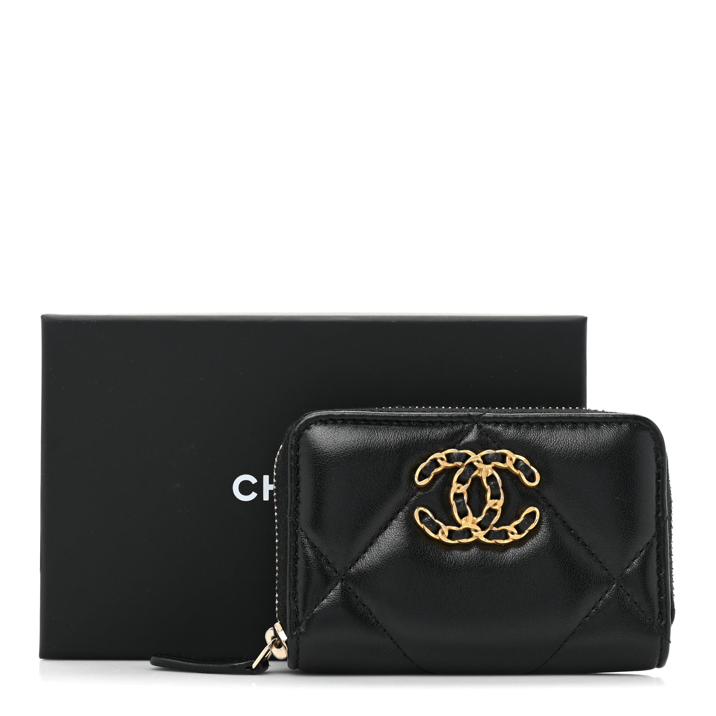 Lambskin Quilted Chanel 19 Zip Around Coin Purse Wallet Black