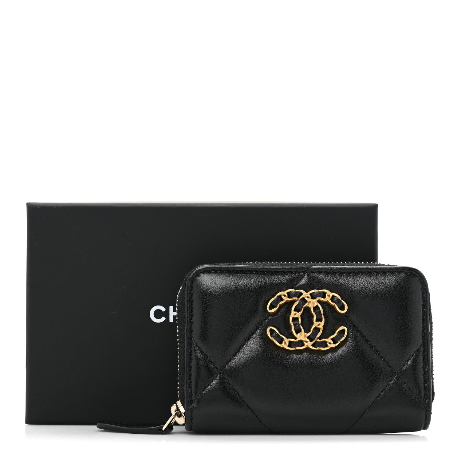 Chanel Lambskin Quilted Chanel 19 Zip Around Coin Purse Wallet Black 12 of 12