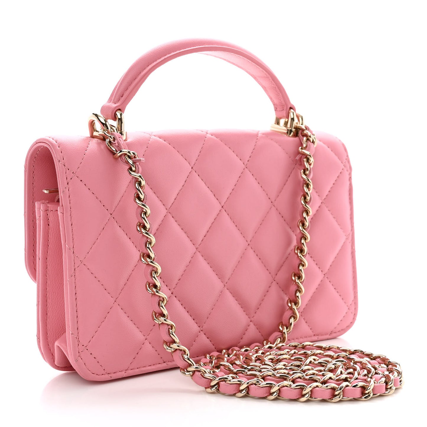 Lambskin Quilted Flap Phone Holder With Chain Pink