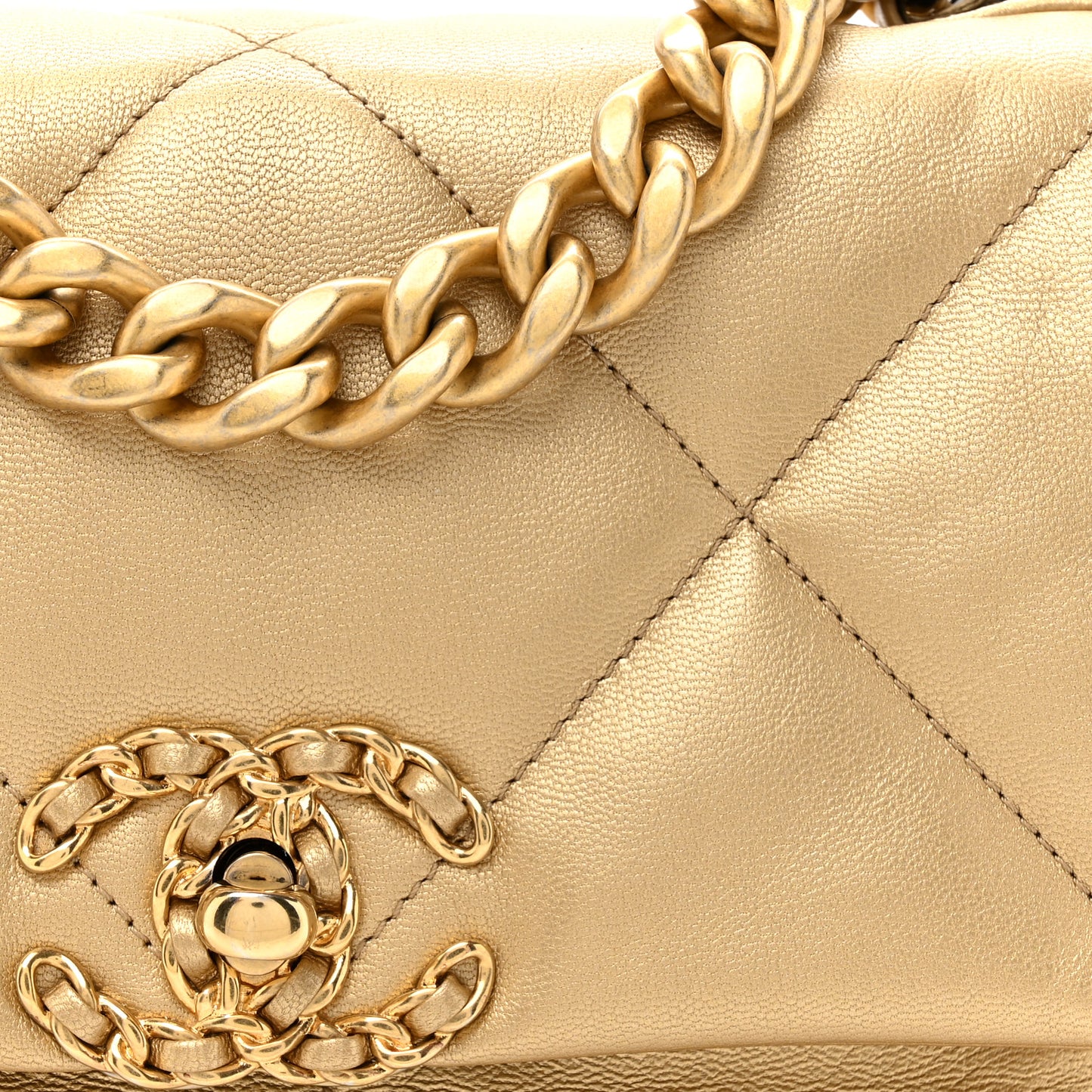 Metallic Goatskin Quilted Medium Chanel 19 Flap Gold