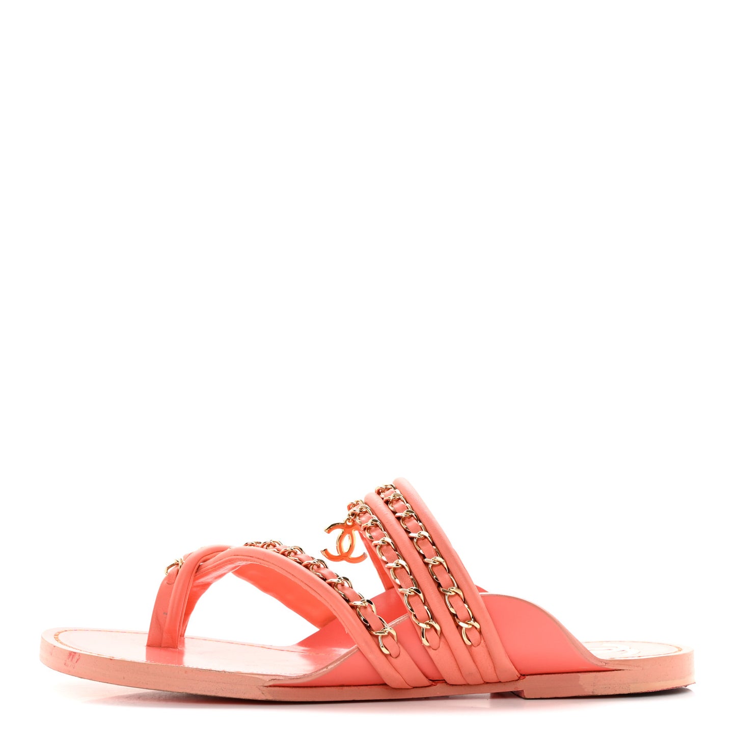 Calfskin Chain CC Thong Flat Sandals 38 Coral
