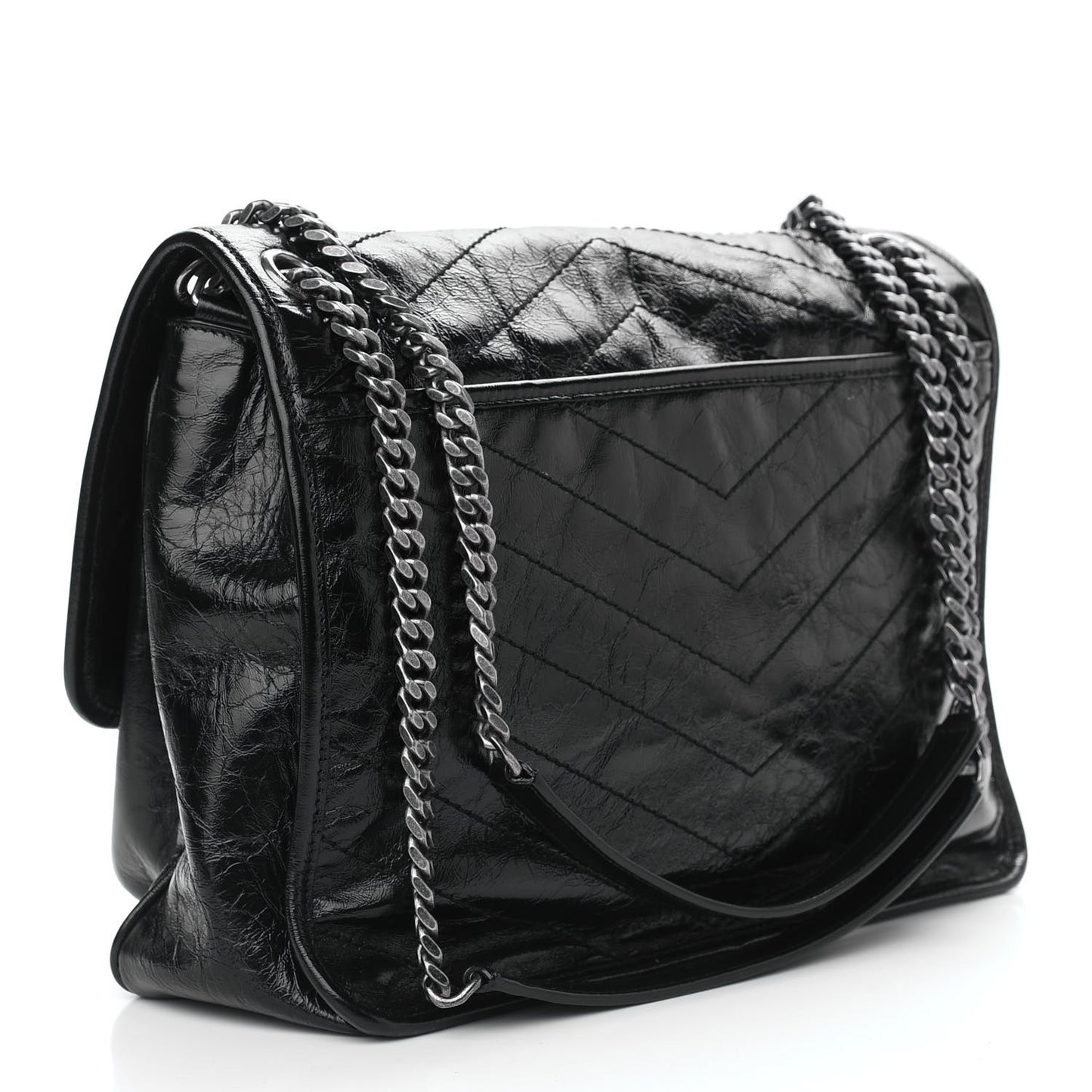Crinkled Calfskin Matelasse Monogram Large Niki Chain Satchel Black