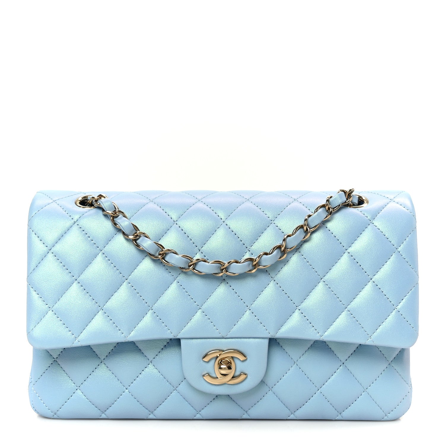 Chanel Iridescent Lambskin Quilted Medium Double Flap Light Blue