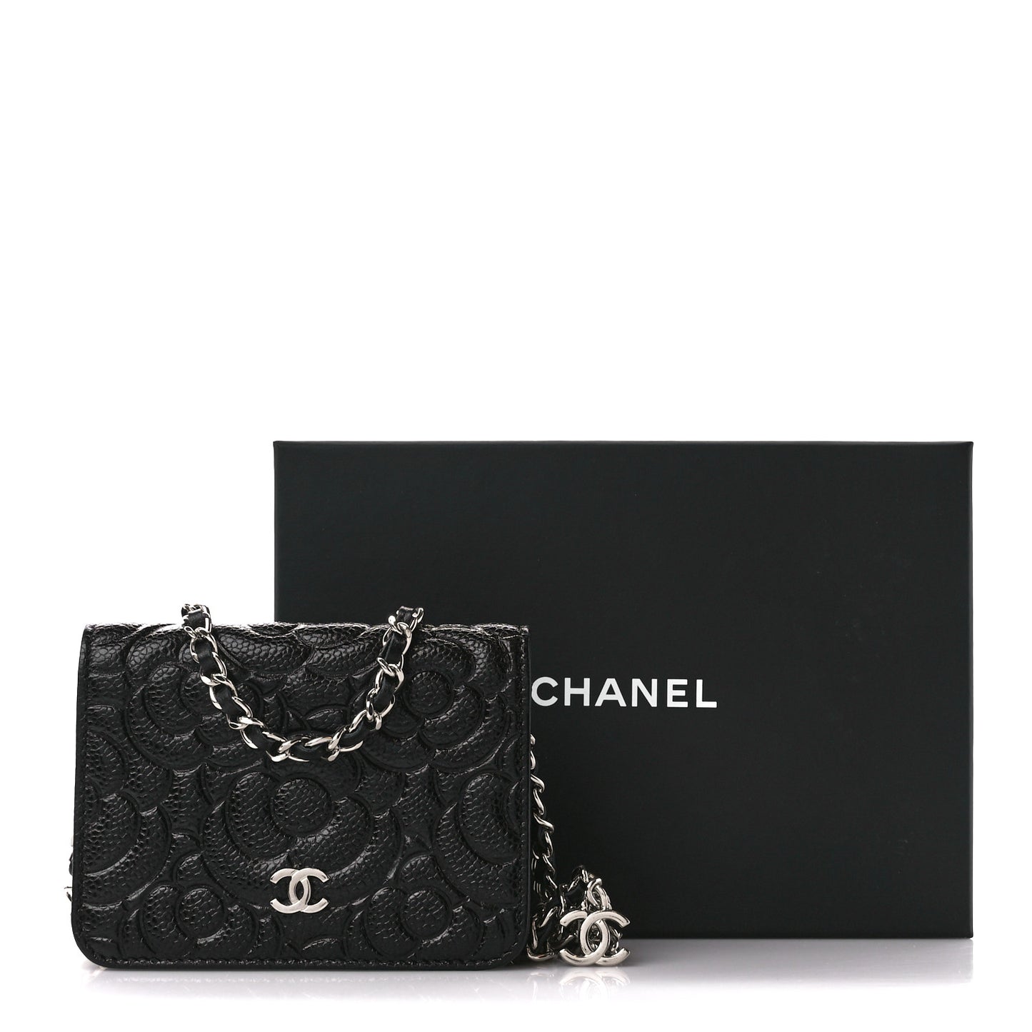 Caviar Camellia Embossed Chain Belt Bag Black
