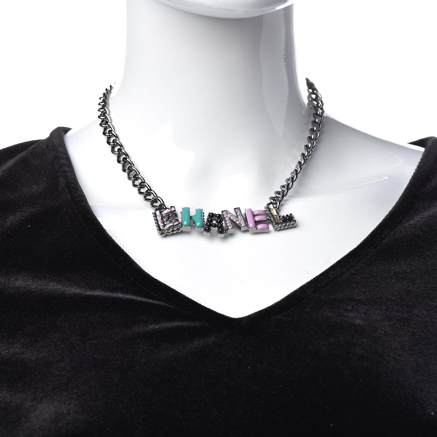 Metal Strass Enamel CC Chain Link Choker Necklace Dark Silver